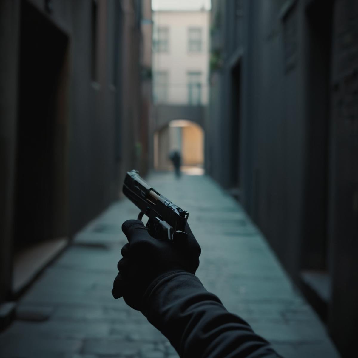 cinematic film still of  <lora:STI 1911:0.8>POV Point of view, STI 1911 pistol hand gun weapon, a person holding a gun in a narrow alley,1girl,gloves,1boy,holding,weapon,black gloves,fingerless gloves,holding weapon,blurry,gun,depth of field,blurry background,pov,holding gun,handgun ,action film style, 1st person shooter, shallow depth of field, vignette, highly detailed, high budget, bokeh, cinemascope, moody, epic, gorgeous, film grain, grainy