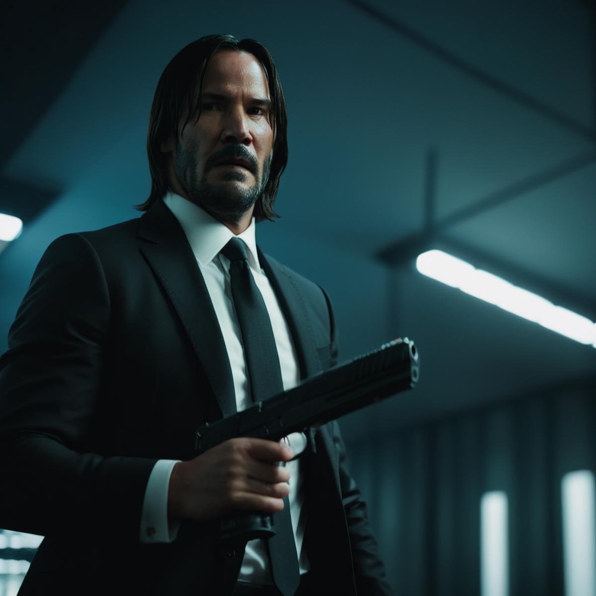 cinematic film still of  <lora:STI 1911:0.8>John Wick, TTI Pit Viper STI 1911 pistol hand gun weapon, a man in a suit holding a gun,solo,shirt,black hair,long sleeves,1boy,holding,jacket,white shirt,upper body,weapon,male focus,collared shirt,indoors,holding weapon,black jacket,gun,formal,suit,holding gun,handgun ,action film style, low angle from below, shallow depth of field, vignette, highly detailed, high budget, bokeh, cinemascope, moody, epic, gorgeous, film grain, grainy