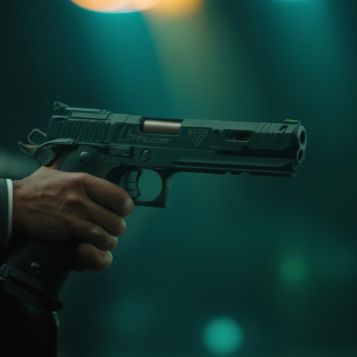 cinematic film still of  <lora:STI 1911:0.8>STI 1911 pistol hand gun weapon, a close up of a gun with a blurry background,weapon,blurry,gun,no humans,depth of field,handgun,science fiction ,action film style, closeup, shallow depth of field, vignette, highly detailed, high budget, bokeh, cinemascope, moody, epic, gorgeous, film grain, grainy