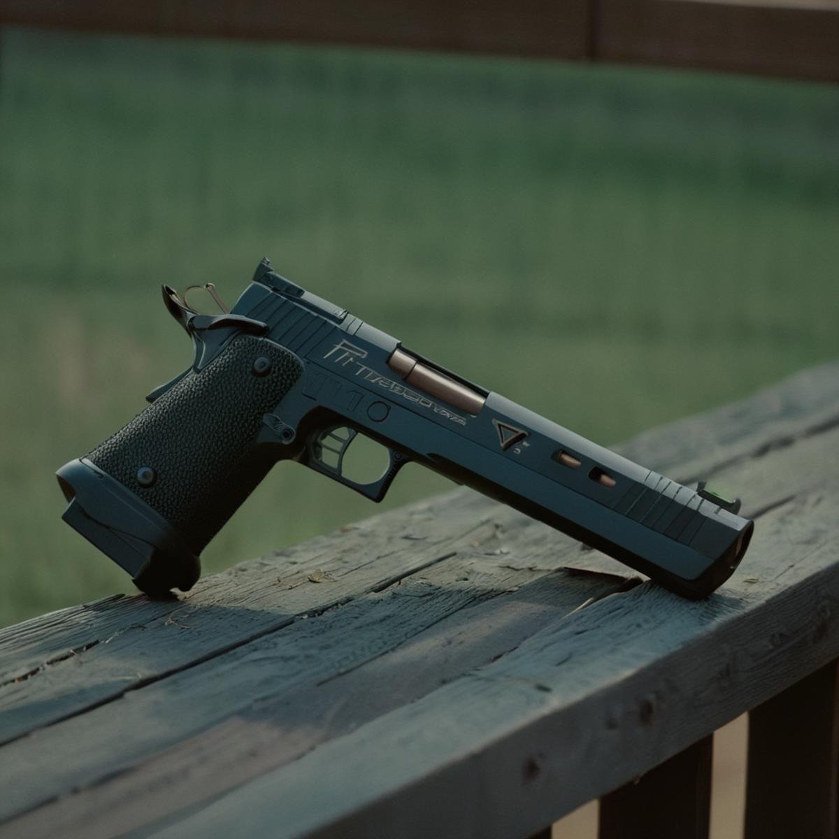 cinematic film still of  <lora:STI 1911:1>STI 1911 pistol hand gun weapon, a gun is sitting on a wooden fence,weapon,outdoors,signature,blurry,gun,no humans,depth of field,blurry background,handgun ,action film style, shallow depth of field, vignette, highly detailed, high budget, bokeh, cinemascope, moody, epic, gorgeous, film grain, grainy