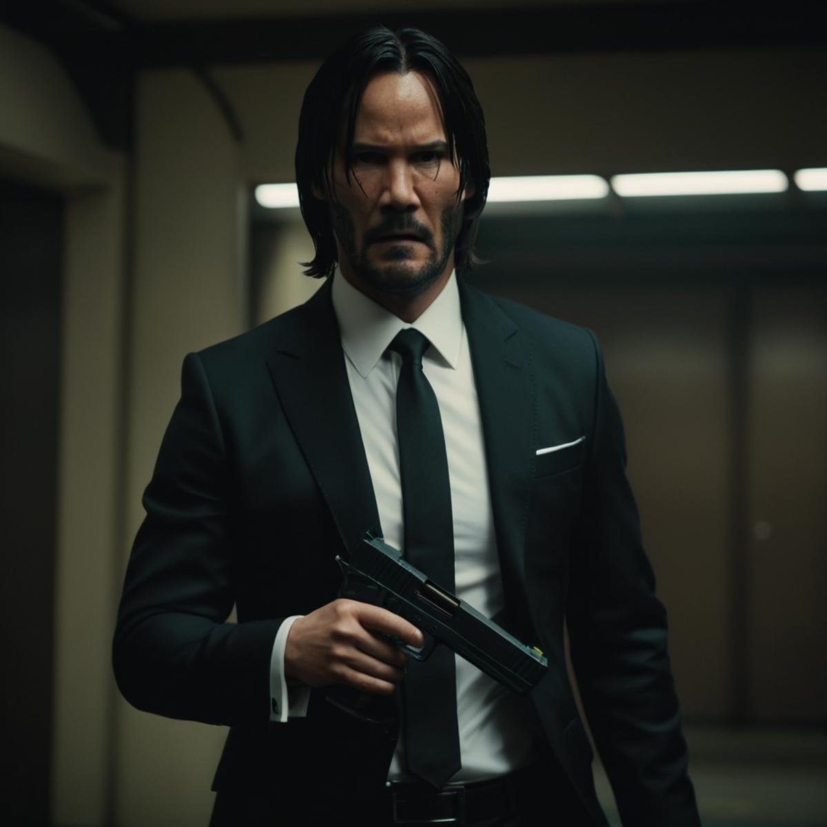 cinematic film still of  <lora:STI 1911:0.8>John Wick, TTI Pit Viper STI 1911 pistol hand gun weapon, a man in a suit holding a gun,solo,shirt,black hair,long sleeves,1boy,holding,jacket,white shirt,upper body,weapon,male focus,collared shirt,indoors,holding weapon,black jacket,gun,formal,suit,holding gun,handgun ,action film style, low angle from below, shallow depth of field, vignette, highly detailed, high budget, bokeh, cinemascope, moody, epic, gorgeous, film grain, grainy