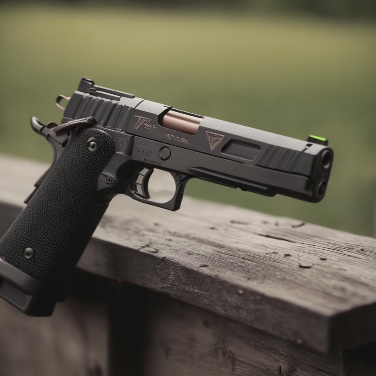 cinematic film still of  <lora:STI 1911:0.7>STI 1911 pistol hand gun weapon, a gun is sitting on a wooden fence,weapon,outdoors,signature,blurry,gun,no humans,depth of field,blurry background,handgun ,action film style, shallow depth of field, vignette, highly detailed, high budget, bokeh, cinemascope, moody, epic, gorgeous, film grain, grainy