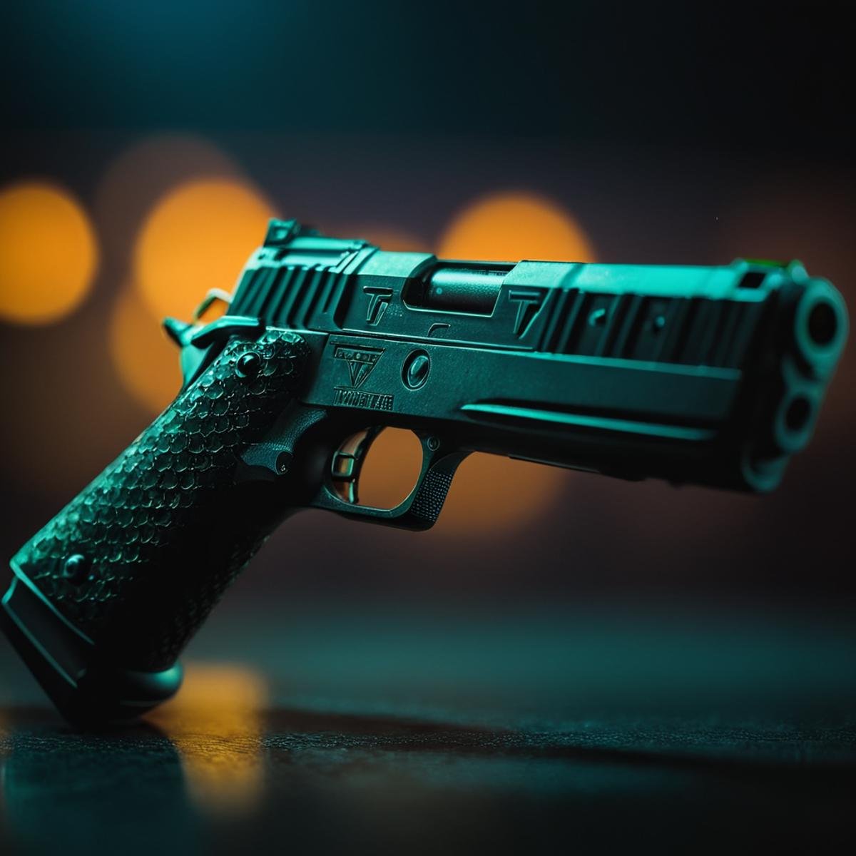 cinematic film still of  <lora:STI 1911:1>TTI Pit Viper pistol, shallow depth of field, vignette, highly detailed, high budget, bokeh, cinemascope, moody, epic, gorgeous, film grain, grainy