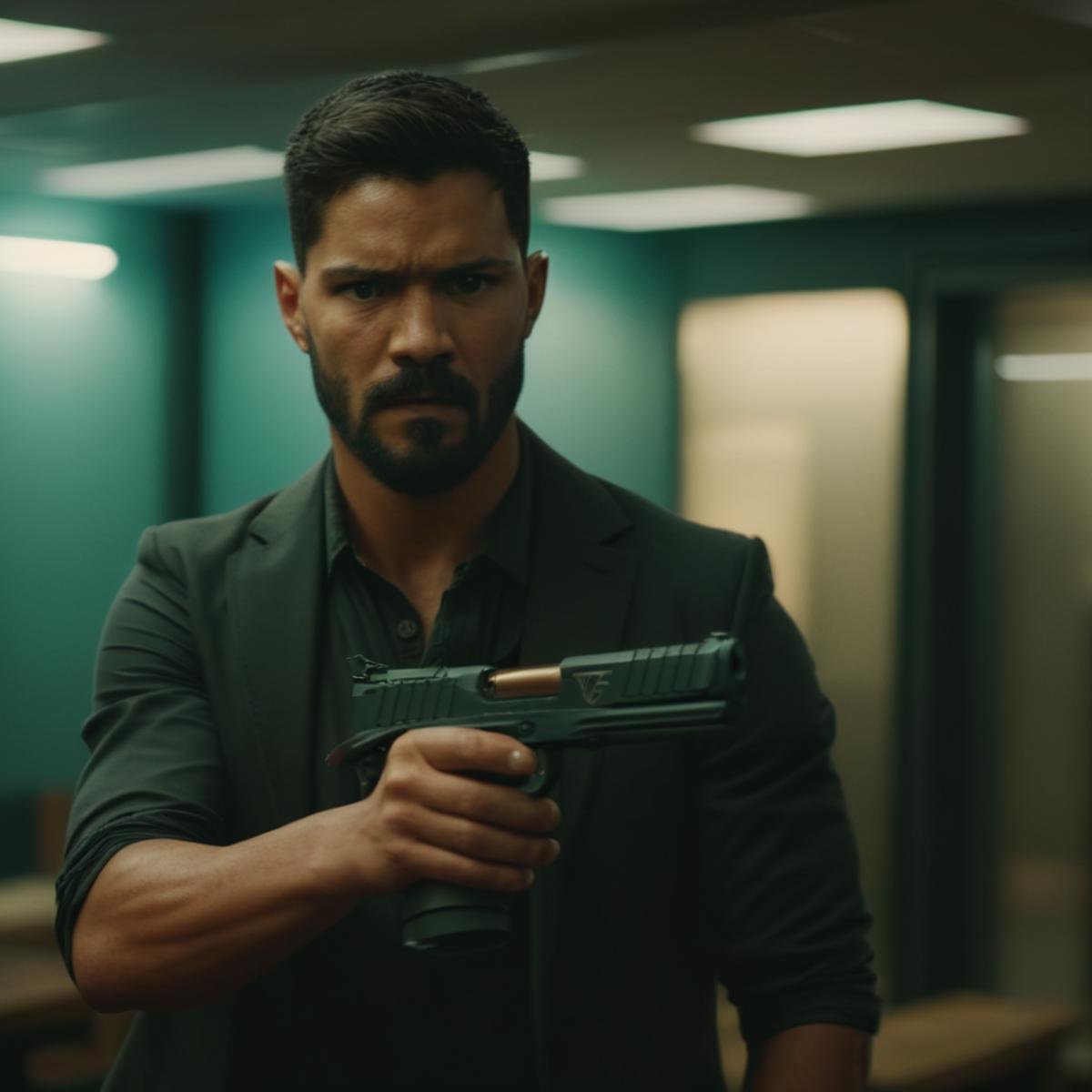 cinematic film still of  <lora:STI 1911:1>STI 1911 pistol hand gun weapon, a man holding a gun in a room,solo,1boy,holding,upper body,weapon,male focus,holding weapon,blurry,gun,blurry background,facial hair,holding gun,beard,handgun,realistic,aiming,aiming at viewer ,action film style,TTI Pit Viper, in front of camera, shallow depth of field, vignette, highly detailed, high budget, bokeh, cinemascope, moody, epic, gorgeous, film grain, grainy