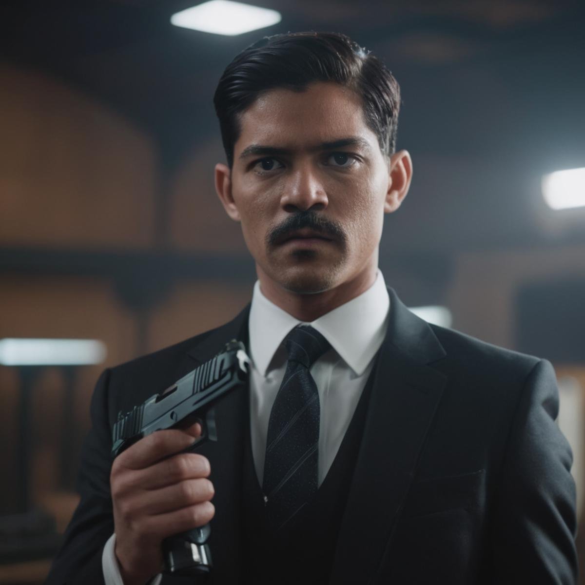 cinematic film still of  <lora:STI 1911:0.8>STI 1911 pistol hand gun weapon, a man in a suit holding a gun,solo,black hair,1boy,holding,weapon,male focus,necktie,holding weapon,gun,facial hair,holding gun,black necktie,beard,handgun,head out of frame ,action film style, shallow depth of field, vignette, highly detailed, high budget, bokeh, cinemascope, moody, epic, gorgeous, film grain, grainy