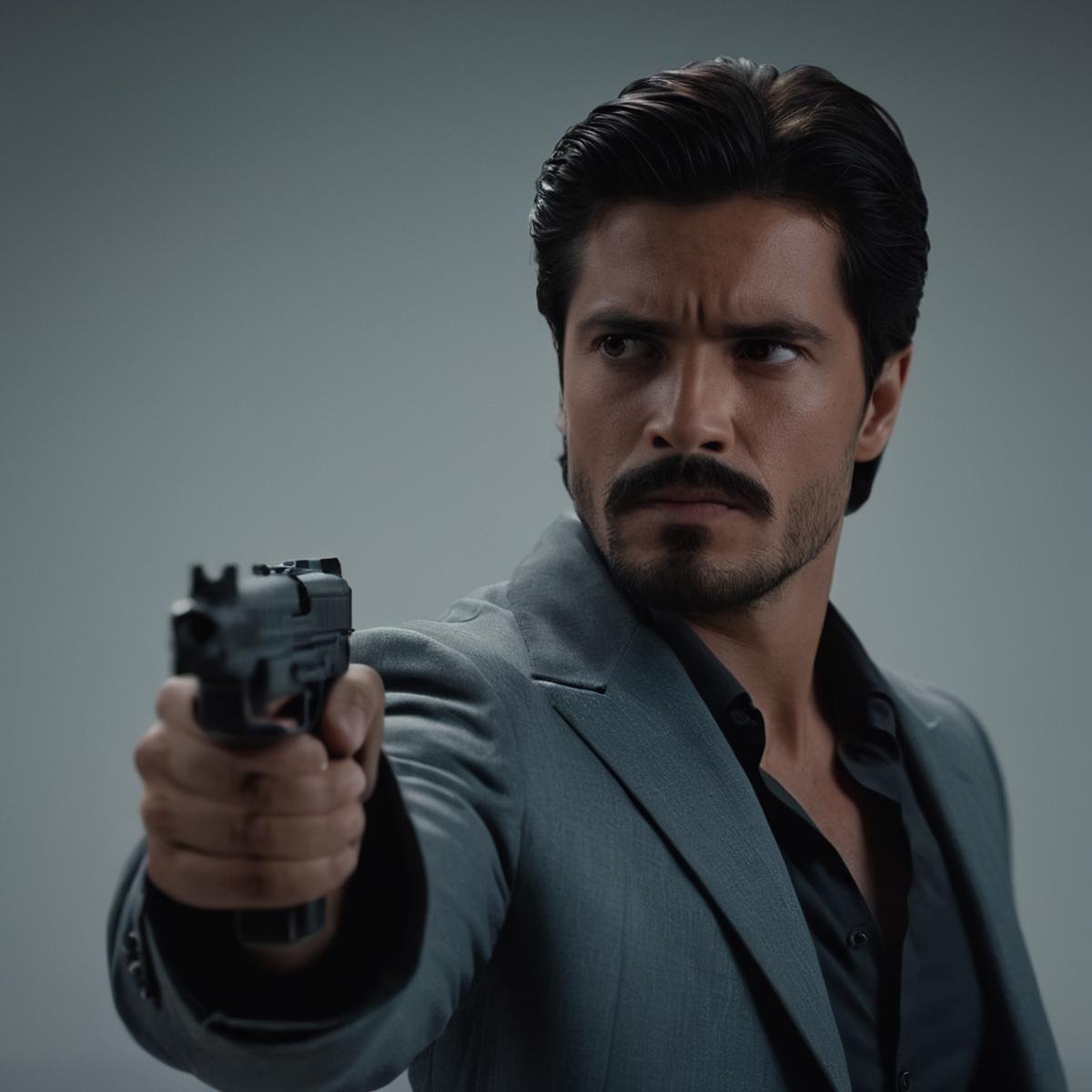 cinematic film still of  <lora:uzi:0.7>uzi pistol hand gun weapon, a man holding a gun in his hand,solo,simple background,shirt,black hair,1boy,white background,holding,brown eyes,jacket,weapon,male focus,holding weapon,gun,facial hair,formal,suit,holding gun,beard,realistic,mustache,animification , action film style, shallow depth of field, vignette, highly detailed, high budget, bokeh, cinemascope, moody, epic, gorgeous, film grain, grainy