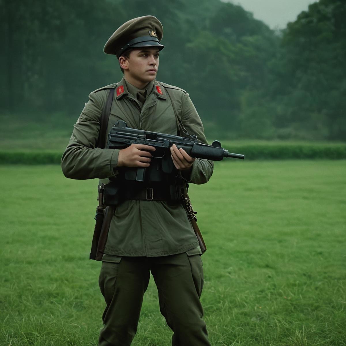 cinematic film still of  <lora:uzi:1>uzi pistol hand gun weapon, a man in a military uniform is holding a gun,solo,1boy,hat,weapon,male focus,boots,outdoors,holding weapon,uniform,gun,military,military uniform,beret,grass,rifle,handgun,realistic,assault rifle,holster,one knee,camouflage,soldier , action film style, shallow depth of field, vignette, highly detailed, high budget, bokeh, cinemascope, moody, epic, gorgeous, film grain, grainy