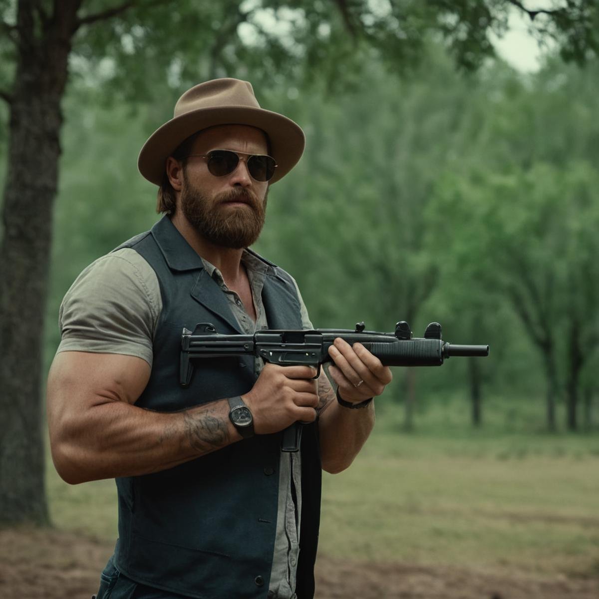 cinematic film still of  <lora:uzi:0.7> a man with a beard and a hat holding a gun,solo,shirt,1boy,hat,holding,weapon,male focus,outdoors,pants,holding weapon,blurry,tree,gun,tattoo,blurry background,facial hair,sunglasses,holding gun,rifle,beard,watch,wristwatch,assault rifle,arm tattoo,firing,aiming,arm hair , action film style, shallow depth of field, vignette, highly detailed, high budget, bokeh, cinemascope, moody, epic, gorgeous, film grain, grainy