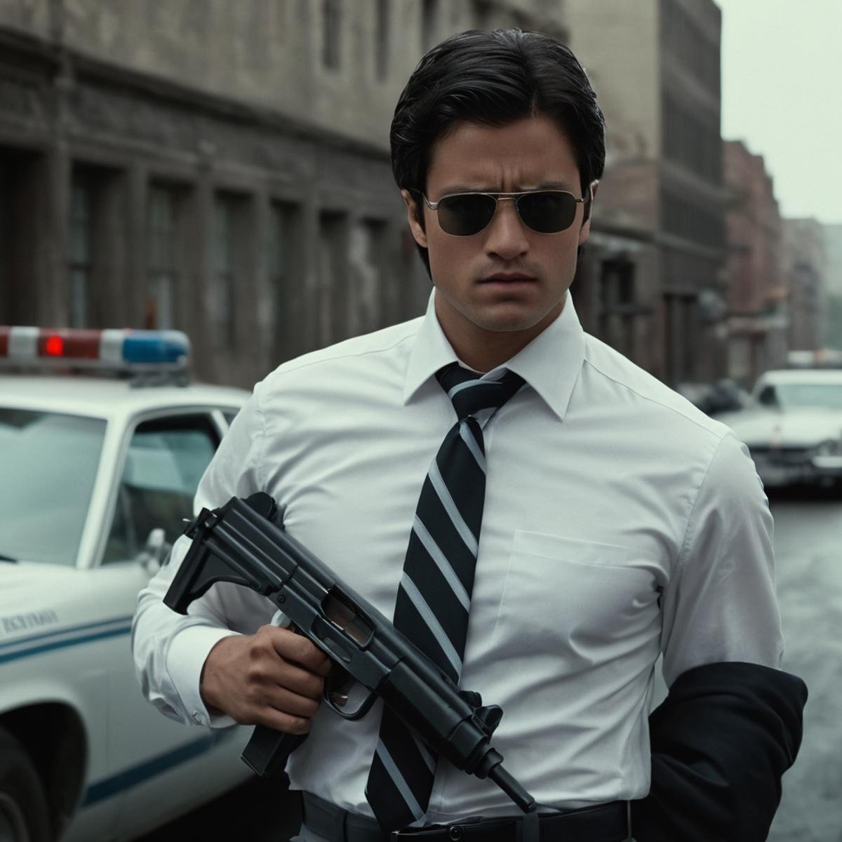 cinematic film still of  <lora:uzi:0.7>a man in a tie holding a gun,shirt,black hair,1boy,holding,white shirt,weapon,male focus,necktie,glasses,belt,pants,holding weapon,gun,facial hair,black pants,ground vehicle,holding gun,motor vehicle,watch,realistic,car,wristwatch,striped necktie,police , action film style, shallow depth of field, vignette, highly detailed, high budget, bokeh, cinemascope, moody, epic, gorgeous, film grain, grainy