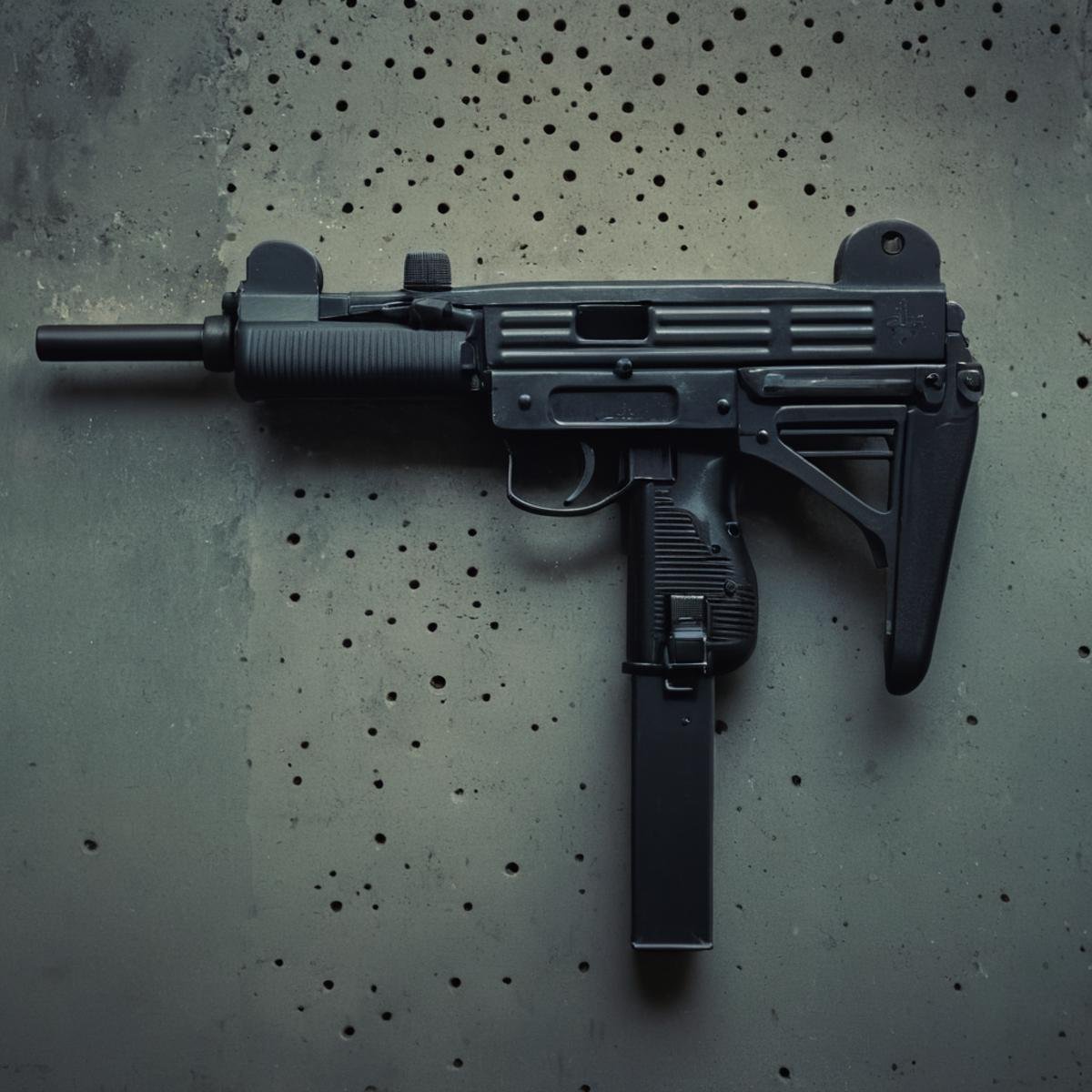 cinematic film still of  <lora:uzi:0.7>uzi pistol hand gun weapon, a machine gun mounted on a wall with holes,weapon,gun,no humans,handgun,submachine gun,magazine (weapon) , action film style, shallow depth of field, vignette, highly detailed, high budget, bokeh, cinemascope, moody, epic, gorgeous, film grain, grainy