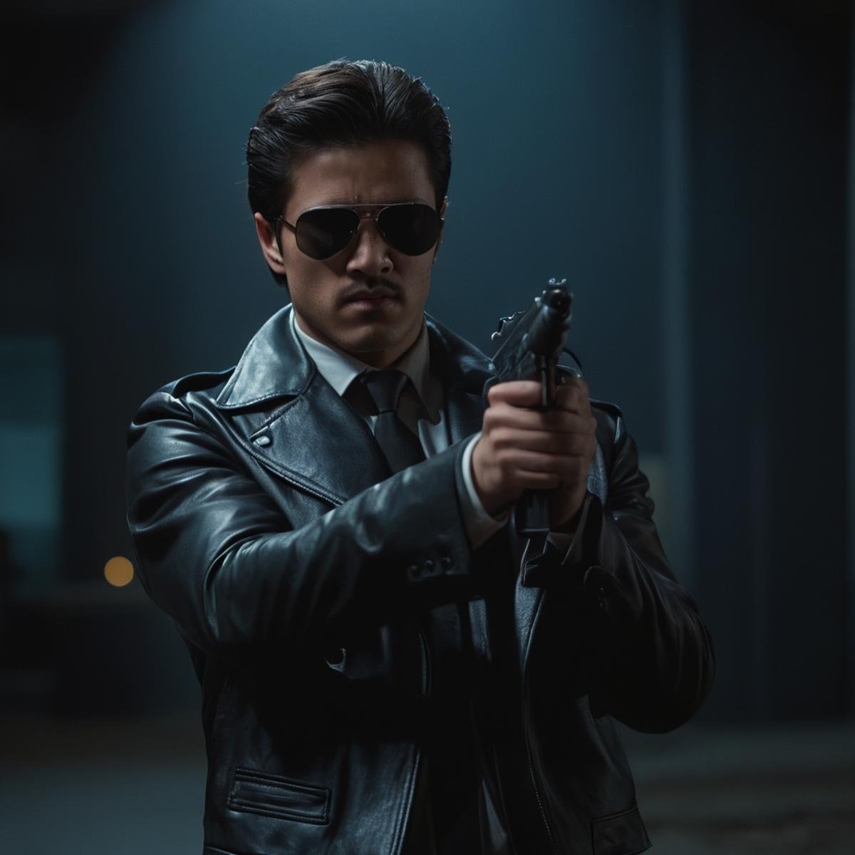 cinematic film still of  <lora:uzi:0.7>uzi pistol hand gun weapon, a man in a black leather jacket holding a gun,solo,black hair,1boy,holding,jacket,weapon,male focus,necktie,holding weapon,gun,facial hair,formal,sunglasses,suit,holding gun,handgun,aiming at viewer , action film style, shallow depth of field, vignette, highly detailed, high budget, bokeh, cinemascope, moody, epic, gorgeous, film grain, grainy