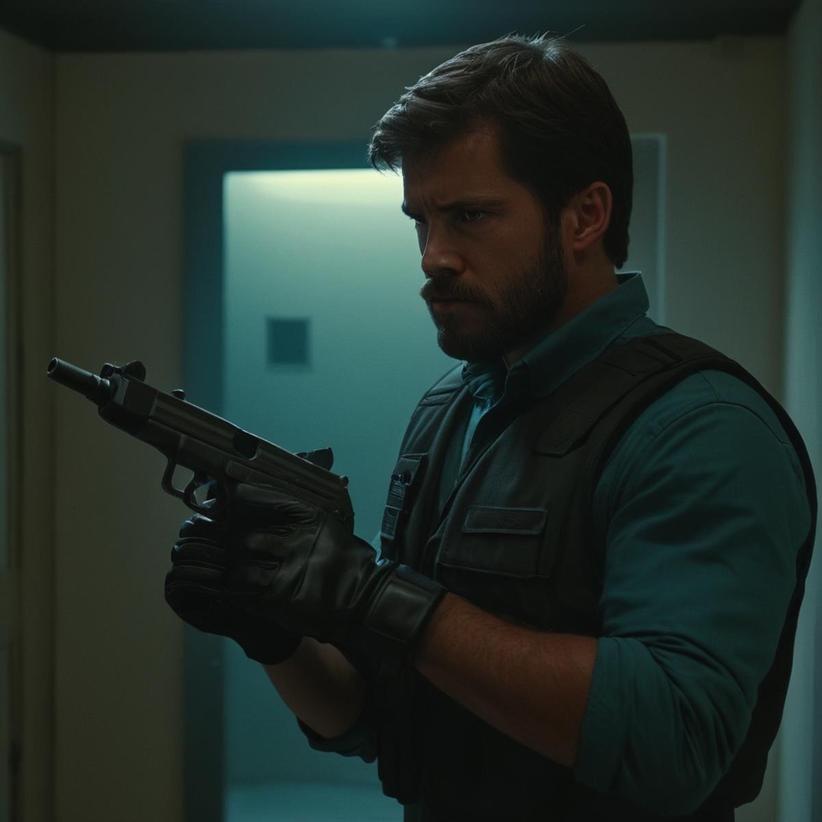 cinematic film still of  <lora:uzi:0.7>uzi pistol hand gun weapon, a man holding a gun in a room,solo,gloves,1boy,weapon,male focus,indoors,uniform,gun,facial hair,beard,realistic,door,flashlight,bulletproof vest , action film style, shallow depth of field, vignette, highly detailed, high budget, bokeh, cinemascope, moody, epic, gorgeous, film grain, grainy