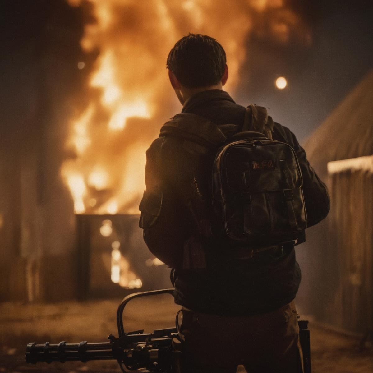 cinematic film still of  <lora:Handheld M134 Minigun:0.8>Handheld M134 Minigun a man from behind back with a gun standing in front of a fire,Handheld M134 Minigun style,solo,short hair,black hair,1boy,weapon,male focus,pants,bag,from behind,blurry,gun,night,depth of field,blurry background,backpack,fire,rifle,facing away,holster, shallow depth of field, vignette, highly detailed, high budget, bokeh, cinemascope, moody, epic, gorgeous, film grain, grainy