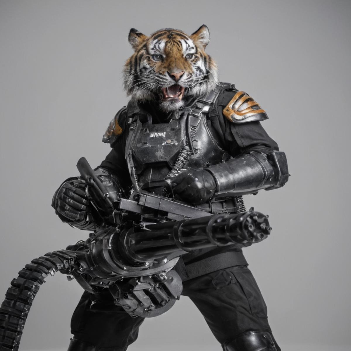 cinematic film still of  <lora:Handheld M134 Minigun:0.8>Handheld M134 Minigun a tiger in a big armor costume holding a Handheld M134 Minigun,Handheld M134 Minigun style,solo,gloves,white background,holding,standing,full body,weapon,boots,holding weapon,armor,gun,military,no humans,holding gun,knee pads,gatling gun, shallow depth of field, vignette, highly detailed, high budget, bokeh, cinemascope, moody, epic, gorgeous, film grain, grainy