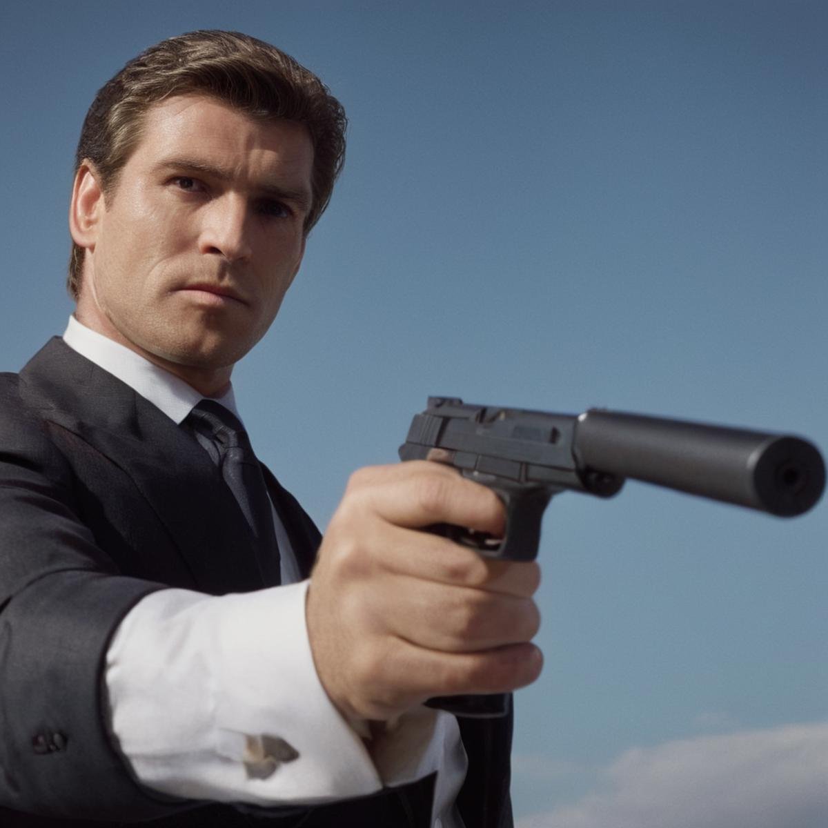 cinematic film still of  <lora:Silencer Suppressor:1>Silencer Suppressor a man with a gun pointed at his head with a man in a suit holding a gun.,solo,short hair,shirt,1boy,holding,jacket,white shirt,weapon,male focus,necktie,collared shirt,holding weapon,blurry,gun,blurry background,portrait,holding gun,handgun,realistic,revolver,gun to head , hand pistol, shallow depth of field, vignette, highly detailed, high budget, bokeh, cinemascope, moody, epic, gorgeous, film grain, grainy