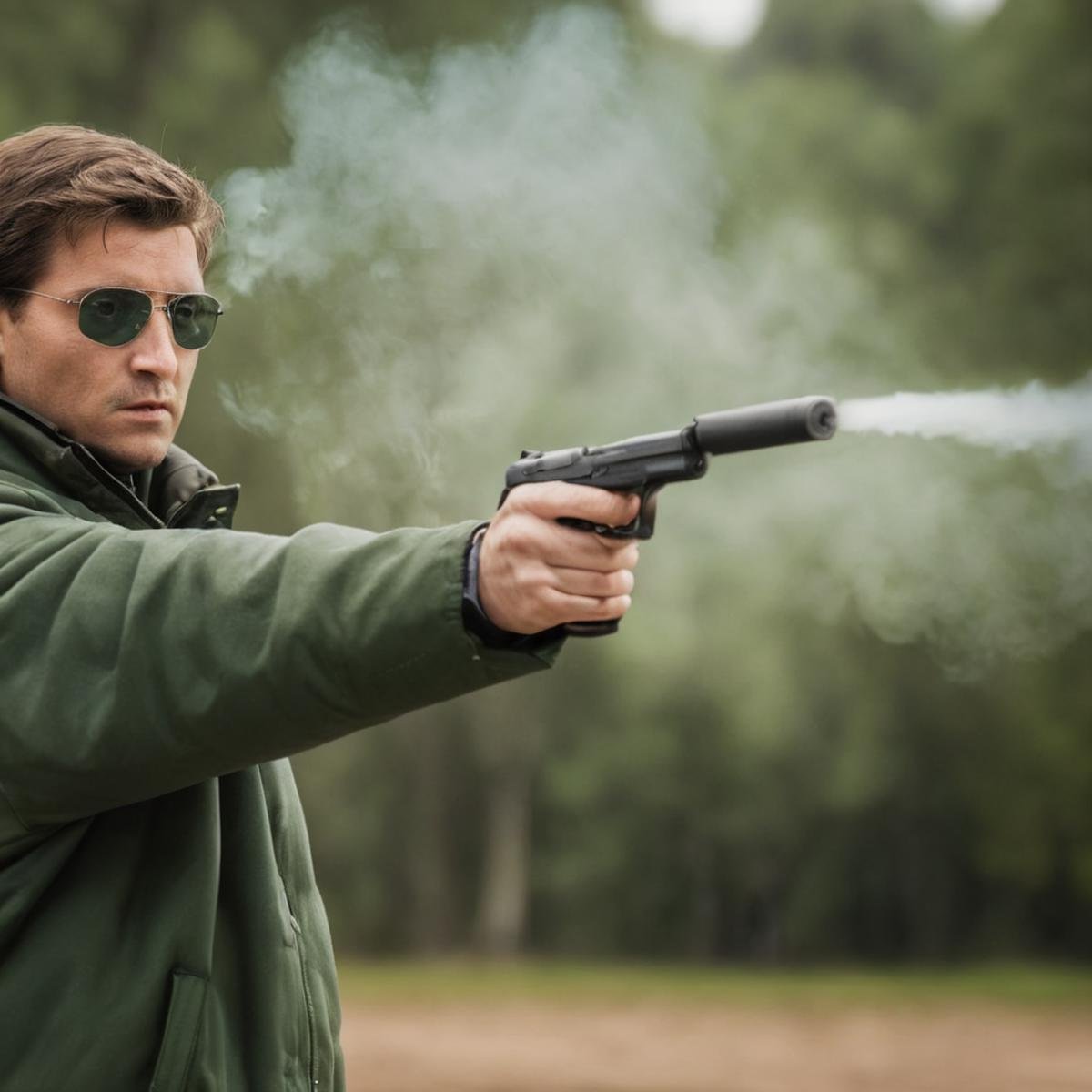 cinematic film still of  <lora:Silencer Suppressor:1>Silencer Suppressor a man wearing a green jacket that says " french " on it.,solo,brown hair,1boy,holding,jacket,upper body,weapon,male focus,glasses,holding weapon,blurry,uniform,gun,military,blurry background,holding gun,handgun,smoke,realistic,firing,aiming,american flag,shell casing , hand pistol, side view, perfect 2hands, shooting gun, gun smoke, bullet flying in air, shallow depth of field, vignette, highly detailed, high budget, bokeh, cinemascope, moody, epic, gorgeous, film grain, grainy