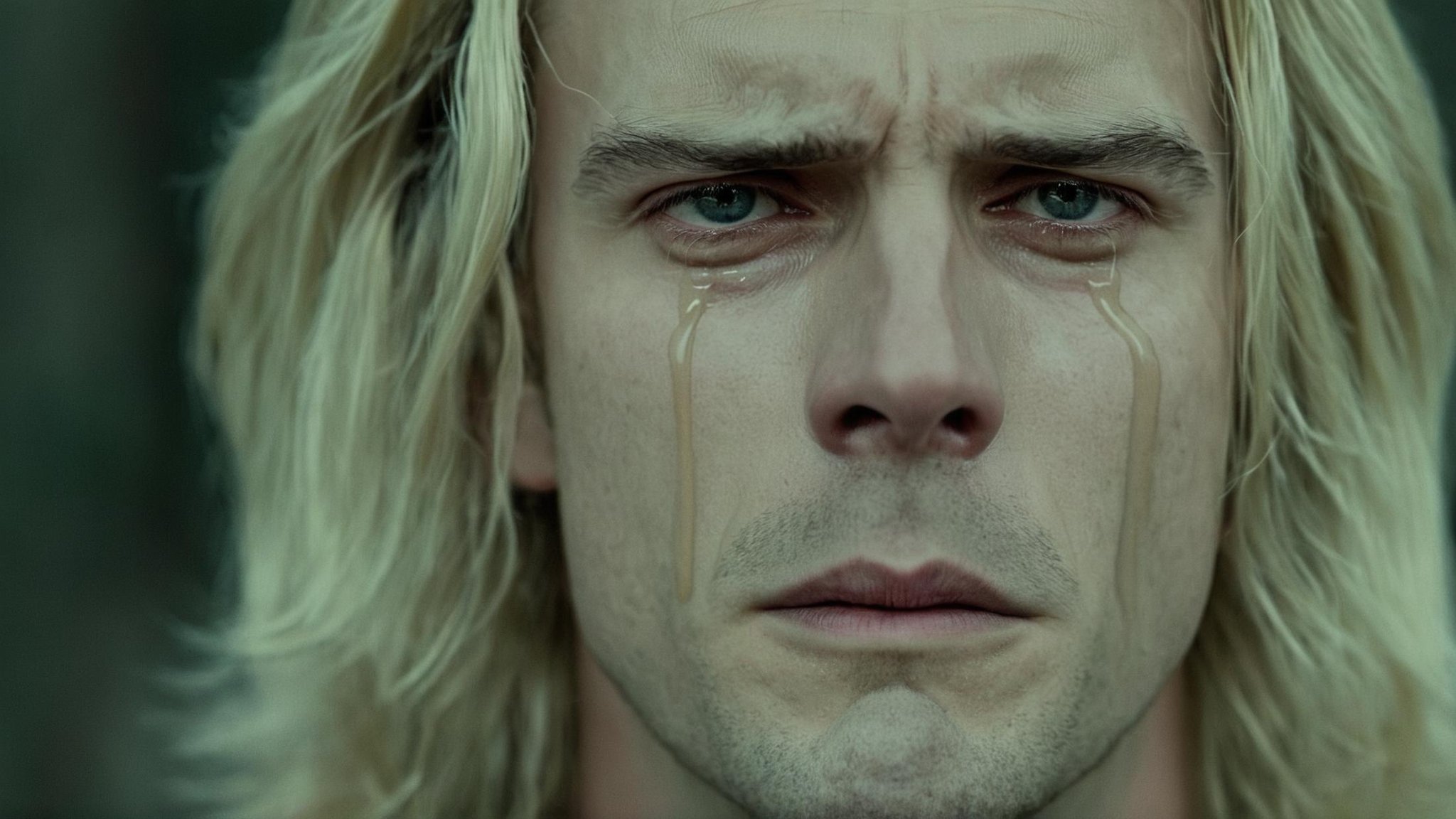 cinematic film still of  <lora:crying style:0.8> <lora:detailed:0.5> <lora:perfection style:0.5> <lora:Chiaroscuro Lighting Style:0.3>a man with long blonde hair is crying and his eyes are crying.,solo,blonde hair,1boy,male focus,black eyes,portrait,close-up,realistic , crying, sad, teary face, tears, crying style, shallow depth of field, vignette, highly detailed, high budget, bokeh, cinemascope, moody, epic, gorgeous, film grain, grainy