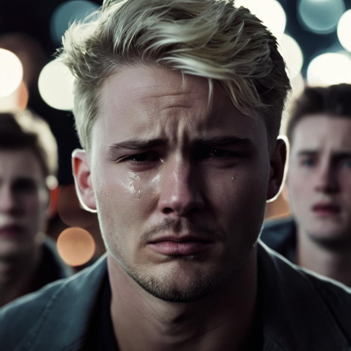 cinematic film still of  <lora:crying style:0.8> <lora:detailed:0.5> <lora:perfection style:0.5>a man with tears on his face is crying.,looking at viewer,short hair,blonde hair,black hair,1boy,male focus,multiple boys,solo focus,blurry,blurry background,facial hair,portrait,realistic , crying, sad, teary face, tears, crying style, shallow depth of field, vignette, highly detailed, high budget, bokeh, cinemascope, moody, epic, gorgeous, film grain, grainy