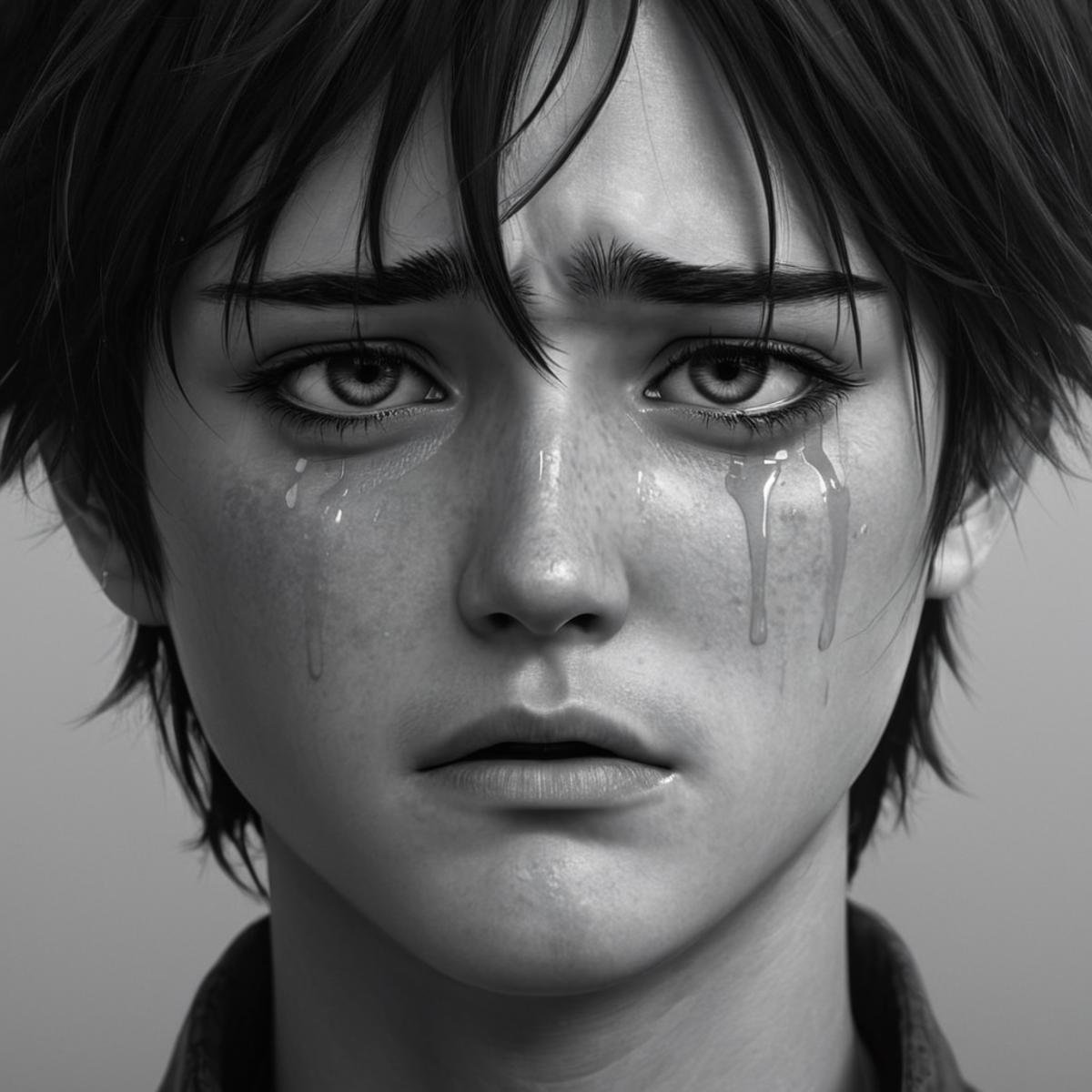 anime artwork of  <lora:crying style:0.8> <lora:detailed:0.5> <lora:perfection style:0.5>a woman with tears on her face is crying.,solo,looking at viewer,simple background,1boy,monochrome,greyscale,male focus,portrait,freckles,realistic , crying, sad, teary face, tears, crying style, anime style, key visual, vibrant, studio anime,  highly detailed