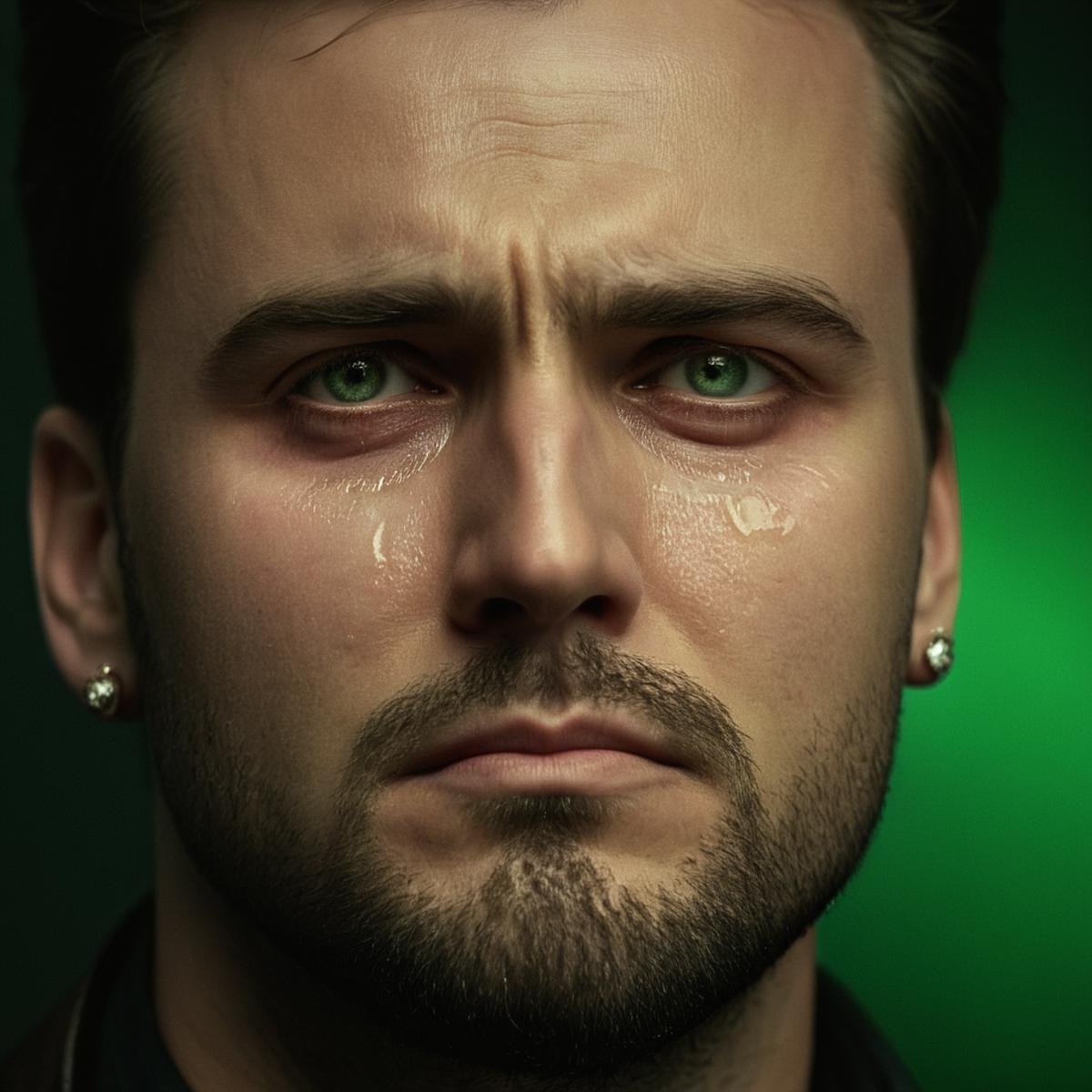 cinematic film still of  <lora:crying style:0.8> <lora:detailed:0.5> <lora:perfection style:0.5>a man with tears on his face is crying.,solo,looking at viewer,simple background,1boy,jewelry,green eyes,male focus,earrings,teeth,facial hair,black background,portrait,beard,realistic , crying, sad, teary face, tears, crying style, shallow depth of field, vignette, highly detailed, high budget, bokeh, cinemascope, moody, epic, gorgeous, film grain, grainy