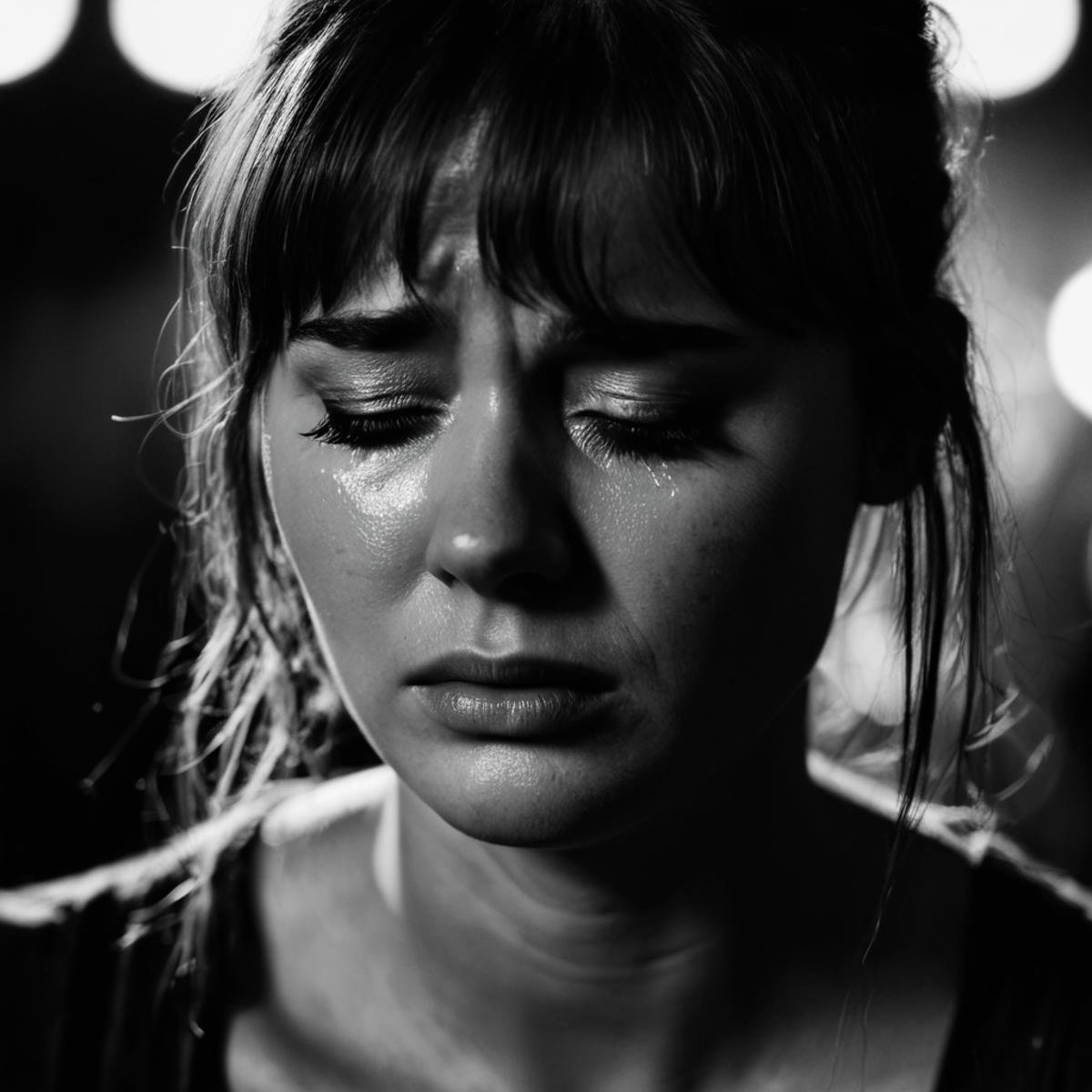 cinematic film still of  <lora:crying style:1>a woman with tears on her face is crying,1girl,solo,long hair,bangs,closed mouth,monochrome,closed eyes,greyscale,parted lips,scar,messy hair,portrait,facing viewer,injury,realistic , crying, sad, teary face, tears, crying style, shallow depth of field, vignette, highly detailed, high budget, bokeh, cinemascope, moody, epic, gorgeous, film grain, grainy