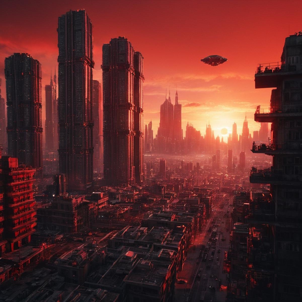 cinematic film still of  <lora:Cyberpunk Style:1>a city with a lot of tall buildings and a red sky,bionic,transhuman,Dystopia,Dystopian,kakotopia,Science fiction,high tech,low life,societal collapse,Artificial,Posthuman,future,futuristic,Artificial intelligence,Cyborg,genetically-enhanced humans,sci-fi,Cyberpunk Style,outdoors,sky,signature,no humans,building,scenery,science fiction,sunset,city,sun,cityscape,spacecraft,red sky , Cyberpunk Style, shallow depth of field, vignette, highly detailed, high budget, bokeh, cinemascope, moody, epic, gorgeous, film grain, grainy