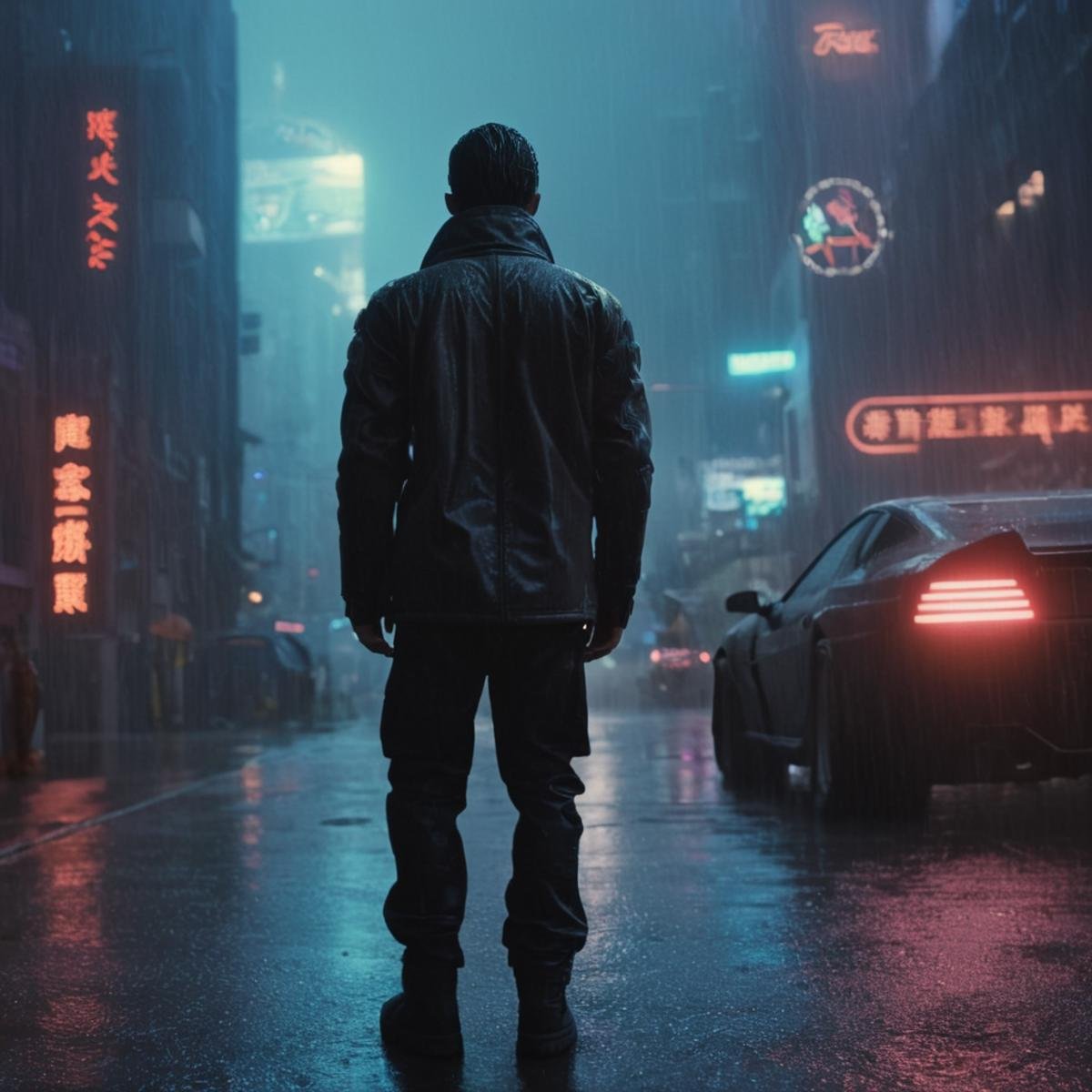 cinematic film still of  <lora:Cyberpunk Style:1>a man standing in the rain in a city,bionic,transhuman,Dystopia,Dystopian,kakotopia,Science fiction,high tech,low life,societal collapse,Artificial,Posthuman,future,futuristic,Artificial intelligence,Cyborg,genetically-enhanced humans,sci-fi,Cyberpunk Style,1boy,outdoors,sky,night,ground vehicle,building,scenery,motor vehicle,science fiction,rain,city,sign,car,road,cityscape,street,city lights,cyberpunk,neon lights , Cyberpunk Style, shallow depth of field, vignette, highly detailed, high budget, bokeh, cinemascope, moody, epic, gorgeous, film grain, grainy