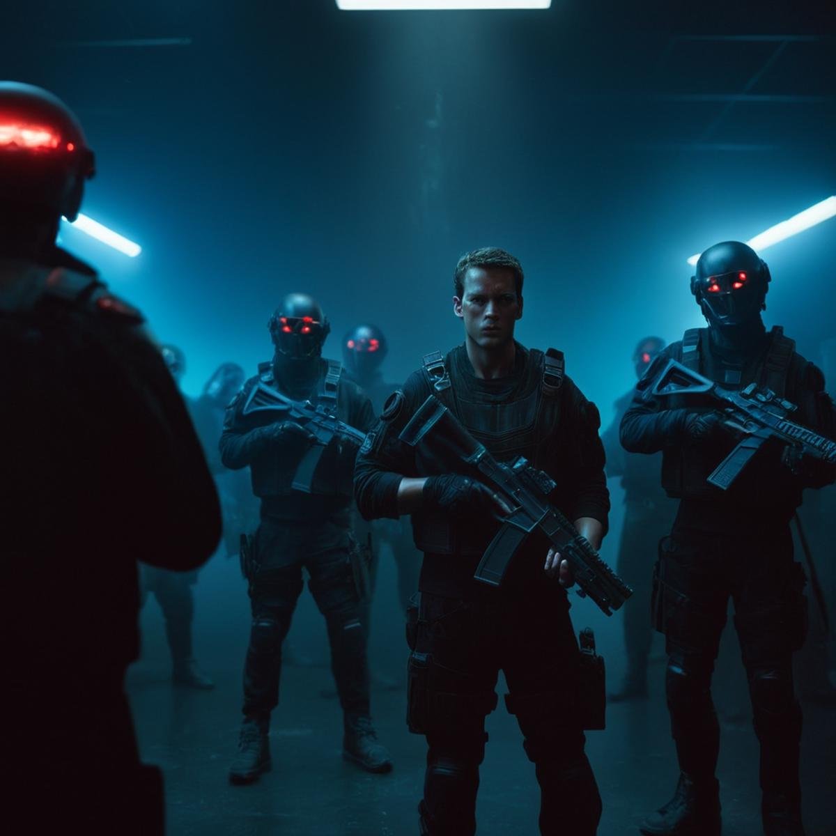 cinematic film still of  <lora:Cyberpunk Style:1>a group of people standing in a dark room,bionic,transhuman,Dystopia,Dystopian,kakotopia,Science fiction,high tech,low life,societal collapse,Artificial,Posthuman,future,futuristic,Artificial intelligence,Cyborg,genetically-enhanced humans,sci-fi,Cyberpunk Style,holding,standing,weapon,multiple boys,holding weapon,blurry,gun,blood,glowing,helmet,holding gun,glowing eyes,rifle,assault rifle,dark,multiple others,flashlight , Cyberpunk Style, shallow depth of field, vignette, highly detailed, high budget, bokeh, cinemascope, moody, epic, gorgeous, film grain, grainy