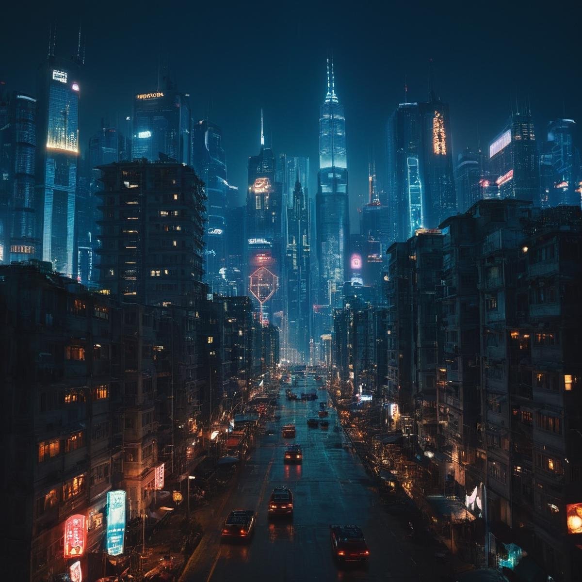 cinematic film still of  <lora:Cyberpunk Style:1>a city at night with a lot of lights,bionic,transhuman,Dystopia,Dystopian,kakotopia,Science fiction,high tech,low life,societal collapse,Artificial,Posthuman,future,futuristic,Artificial intelligence,Cyborg,genetically-enhanced humans,sci-fi,Cyberpunk Style,outdoors,sky,no humans,night,building,scenery,science fiction,city,cityscape,skyscraper,city lights,neon lights , Cyberpunk Style, shallow depth of field, vignette, highly detailed, high budget, bokeh, cinemascope, moody, epic, gorgeous, film grain, grainy