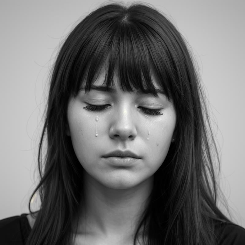 <lora:crying style SD1.5:0.2>a woman with tears on her face is crying,1girl,solo,long hair,bangs,closed mouth,monochrome,closed eyes,greyscale,parted lips,scar,messy hair,portrait,facing viewer,injury,realistic , crying, sad, teary face, tears, crying style