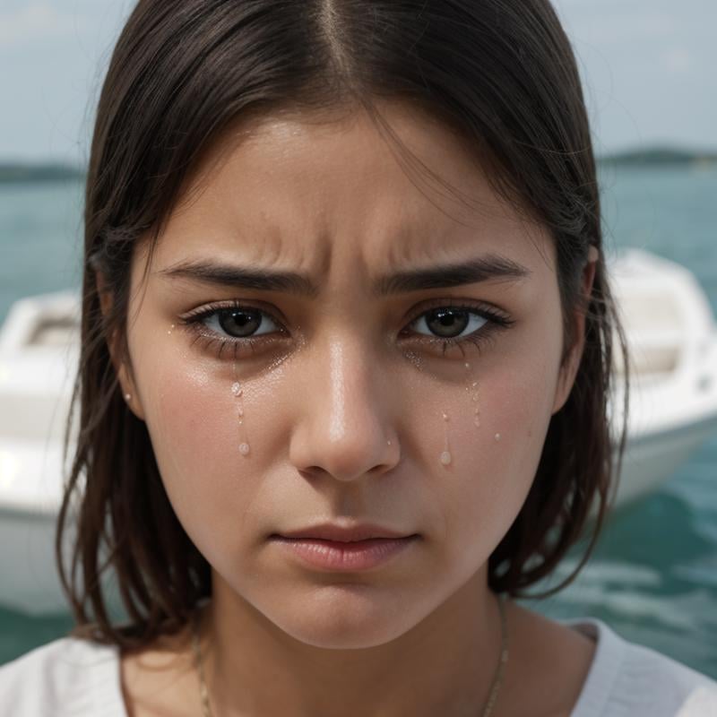 <lora:crying style SD1.5:0.3>a woman with tears on her face and the word " tears " on the face.,1girl,solo,looking at viewer,close-up,realistic,watercraft,boat,eye focus , crying, sad, teary face, tears, crying style