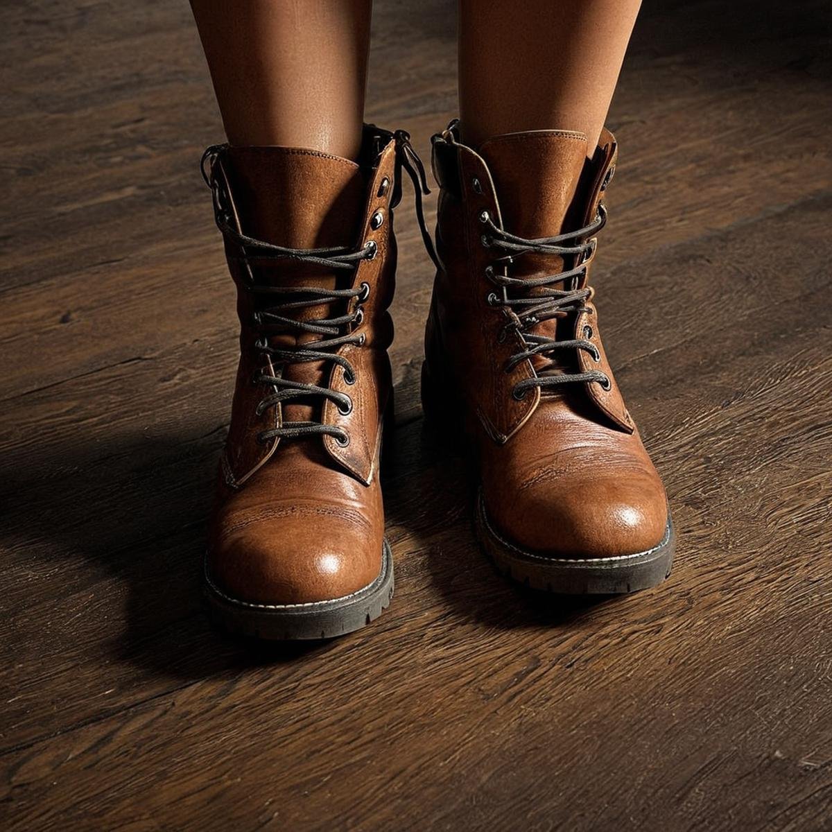 professional 3d model of  <lora:skin texture style v4:0.9> very detailed skin pore perfectionA cinematic texture style still image of a pair of brown boots sitting on top of a wooden floor, detailed wrinkles, skin tags, perfect skin tone color, stretch marks, hyperrealism, realism, unrealengine, realistic, detailed skin pore, film still, still photography style, sharp style, detailed style, perfect style, perfection style, Kodak film skin color tone style, fujifilm skin tone color style, professional photography style, skin textured, skin texture style, perfect face, perfect mouth, perfect nose, perfect lips, perfect eyes, perfect ears, perfect skin, perfect skin pores, perfect body, perfect hair, very detailed skin pores, perfect skin texture style, boots, shoes, shiny, feet, no humans, shadow, brown footwear, sneakers, cross-laced footwear, wooden floor, foot focus, still life, solo, black background, photorealistic, octane render, highly detailed, volumetric, dramatic lighting