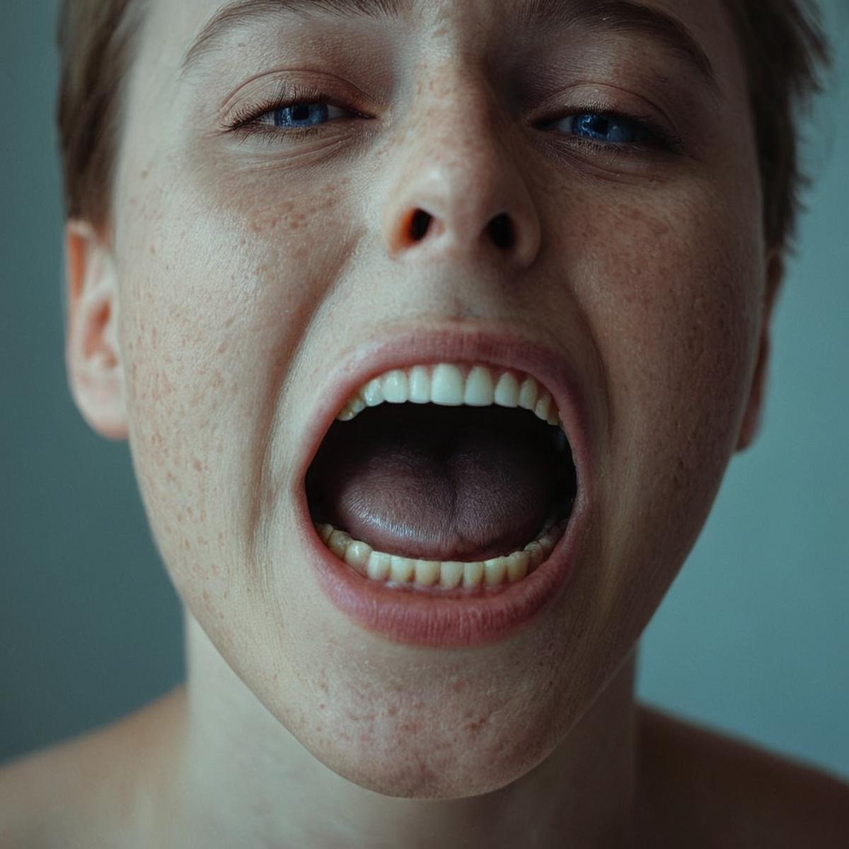 cinematic film still of  <lora:skin texture style v4:0.9> very detailed skin pore perfectionA cinematic skin texture style still image of a screaming woman with his mouth open and his mouth wide open, detailed wrinkles, skin tags, perfect skin tone color, stretch marks, hyperrealism, realism, unrealengine, realistic, detailed skin pore, film still, still photography style, sharp style, detailed style, perfect style, perfection style, Kodak film skin color tone style, fujifilm skin tone color style, professional photography style, skin textured, skin texture style, perfect face, perfect mouth, perfect nose, perfect lips, perfect eyes, perfect ears, perfect skin, perfect skin pores, perfect body, perfect hair, very detailed skin pores, perfect skin texture style, solo, looking at viewer, open mouth, 1boy, male focus, teeth, half-closed eyes, portrait, horror (theme), blurry, blurry background, meme, short hair, blue eyes, photorealistic, shallow depth of field, vignette, highly detailed, high budget, bokeh, cinemascope, moody, epic, gorgeous, film grain, grainy