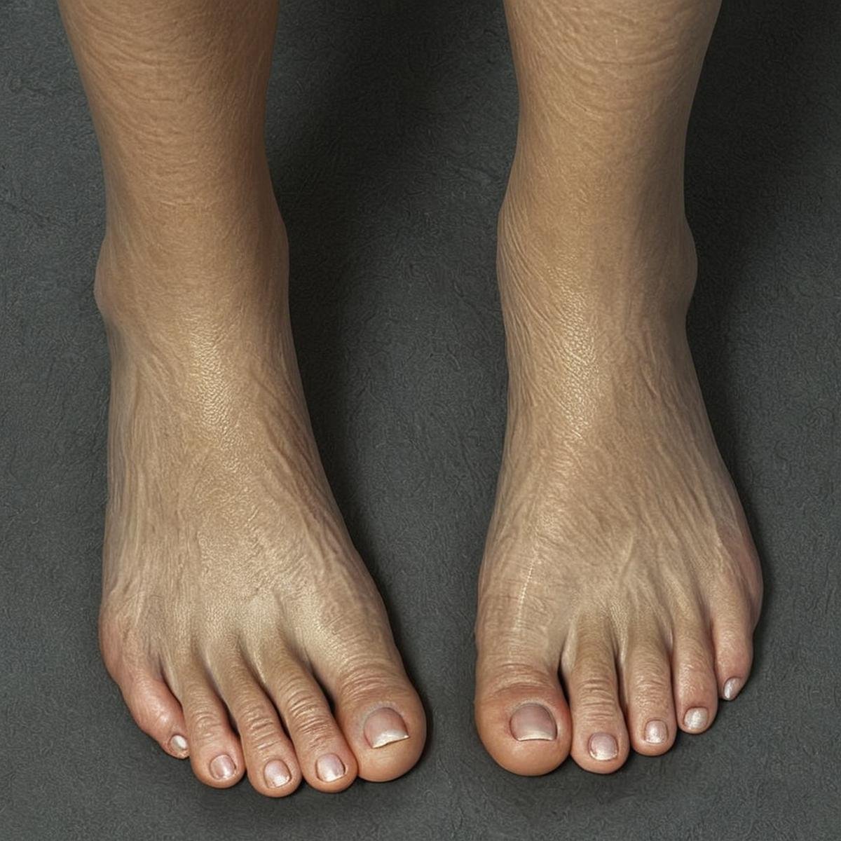 professional 3d model of  <lora:skin texture style v4:0.9> very detailed skin pore perfectionA cinematic skin texture style still image of a person's feet with a black background, detailed wrinkles, skin tags, perfect skin tone color, stretch marks, hyperrealism, realism, unrealengine, realistic, detailed skin pore, film still, still photography style, sharp style, detailed style, perfect style, perfection style, Kodak film skin color tone style, fujifilm skin tone color style, professional photography style, skin textured, skin texture style, perfect face, perfect mouth, perfect nose, perfect lips, perfect eyes, perfect ears, perfect skin, perfect skin pores, perfect body, perfect hair, very detailed skin pores, perfect skin texture style, 1girl, solo, simple background, barefoot, grey background, feet, toes, watermark, soles, letterboxed, web address, close-up, foot focus, dirty feet, 1boy, male focus, artist name, octane render, highly detailed, volumetric, dramatic lighting