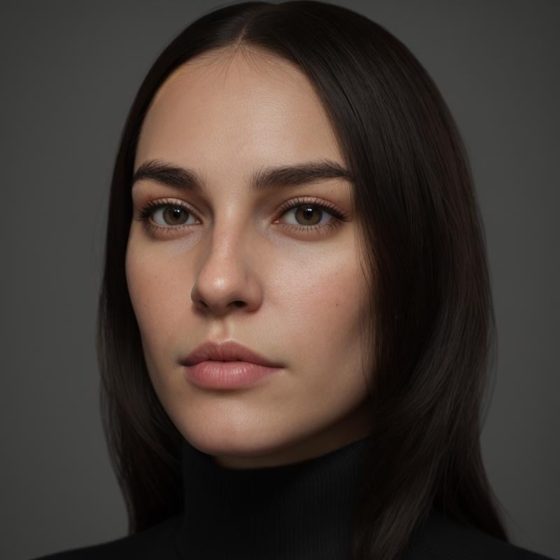 Hyperrealistic art of  <lora:skin texture style sd1.5 v1:1> very sharpA cinematic skin texture style still image of a woman with long hair and a black turtle neck, detailed skin pore, film still, still photography style, sharp style, detailed style, perfect style, perfection style, Kodak film skin tone style, fujifilm skin tone style, professional photography style, skin textured, skin texture style, 1girl, solo, long hair, looking at viewer, black hair, brown eyes, upper body, parted lips, teeth, sweater, lips, turtleneck, portrait, realistic, nose, wall, brown hair, Extremely high-resolution details, photographic, realism pushed to extreme, fine texture, incredibly lifelike