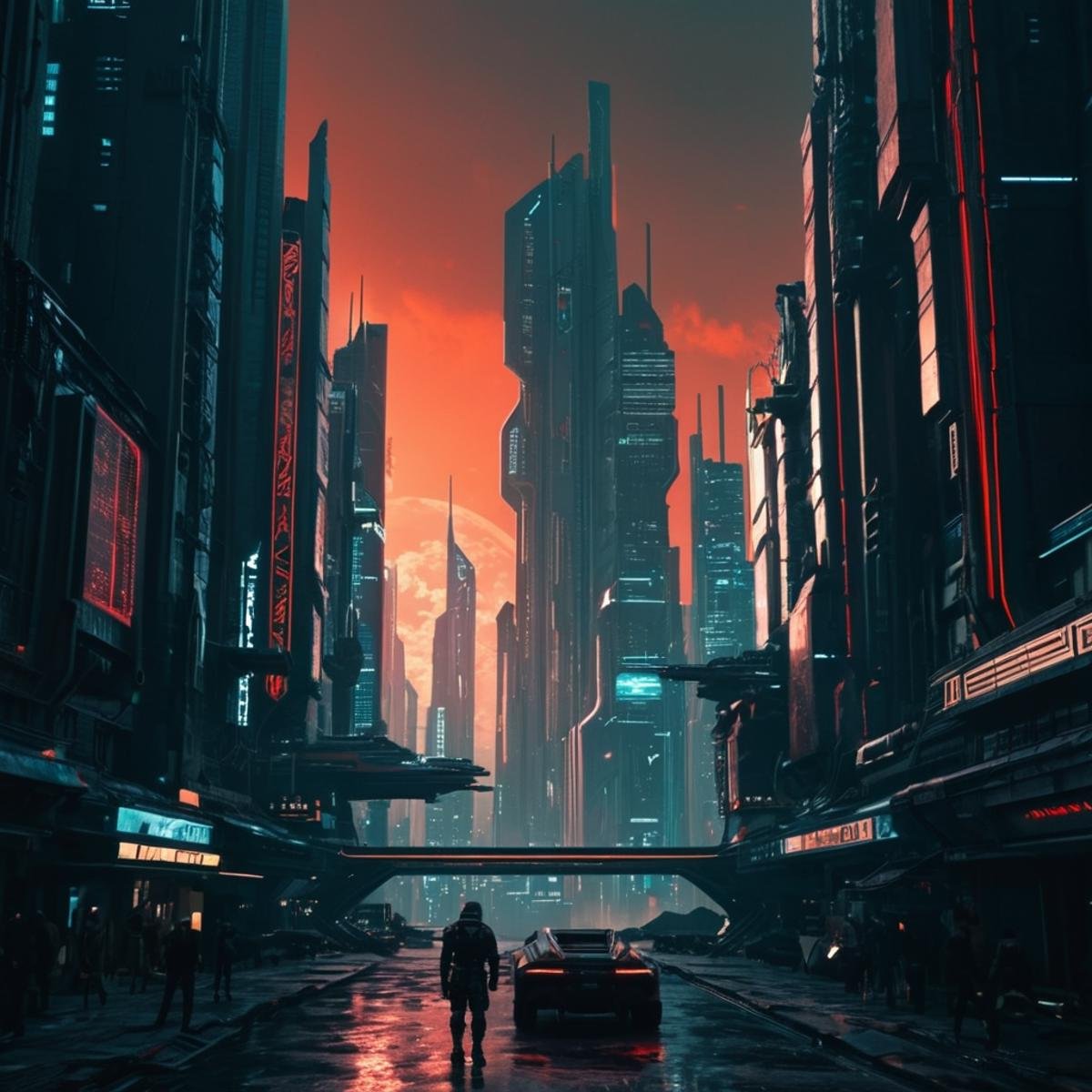 cinematic film still of <lora:cyberpunk style v3:1>In Cyberpunk city a city with a lot of tall buildings and a red sky,bionic,transhuman,Dystopia,Dystopian,kakotopia,Science fiction,high tech,low life,societal collapse,Artificial,Posthuman,future,futuristic,Artificial intelligence,Cyborg,genetically-enhanced humans,sci-fi,Cyberpunk Style,outdoors,sky,signature,no humans,building,scenery,science fiction,sunset,city,sun,cityscape,spacecraft,red sky,Cyberpunk Style , science fiction, futuristic setting, detailed background, dramatic light, dramatic shadow light, contrast, cinematic color, cinematic look, filmic, realistic, realism, perfection, perfect, different, cinematic, film, cinematography, artstation, Cyberpunk city style, Cyberpunk style, shallow depth of field, vignette, highly detailed, high budget, bokeh, cinemascope, moody, epic, gorgeous, film grain, grainy