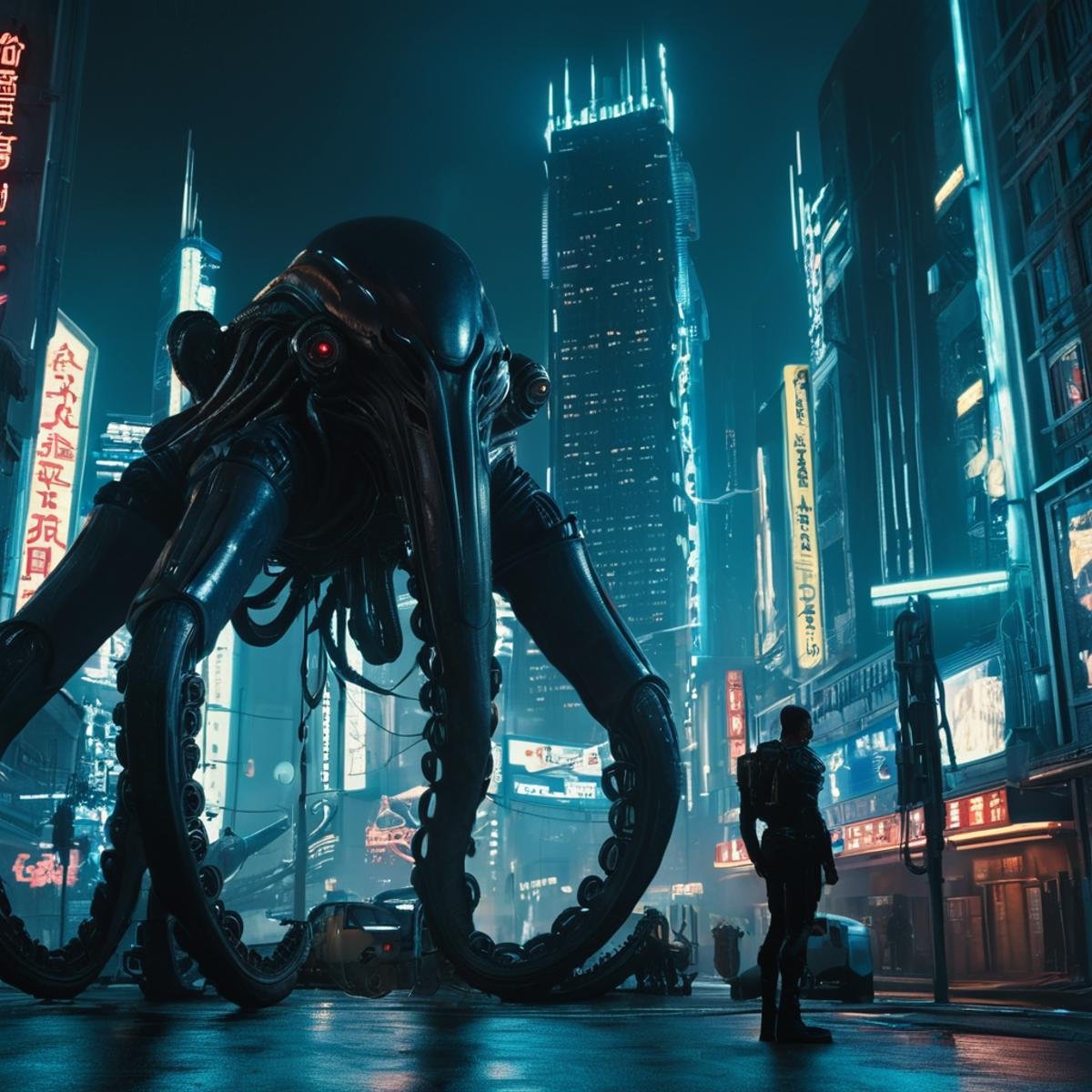 cinematic film still of <lora:cyberpunk style v3:1>In Cyberpunk city a statue of a man with a giant octopus like body,bionic,transhuman,Dystopia,Dystopian,kakotopia,Science fiction,high tech,low life,societal collapse,Artificial,Posthuman,future,futuristic,Artificial intelligence,Cyborg,genetically-enhanced humans,sci-fi,Cyberpunk Style,solo,standing,weapon,gun,no humans,glowing,robot,mecha,science fiction,alien,Cyberpunk Style , science fiction, futuristic setting, detailed background, dramatic light, dramatic shadow light, contrast, cinematic color, cinematic look, filmic, realistic, realism, perfection, perfect, different, cinematic, film, cinematography, artstation, Cyberpunk city style, Cyberpunk style, shallow depth of field, vignette, highly detailed, high budget, bokeh, cinemascope, moody, epic, gorgeous, film grain, grainy