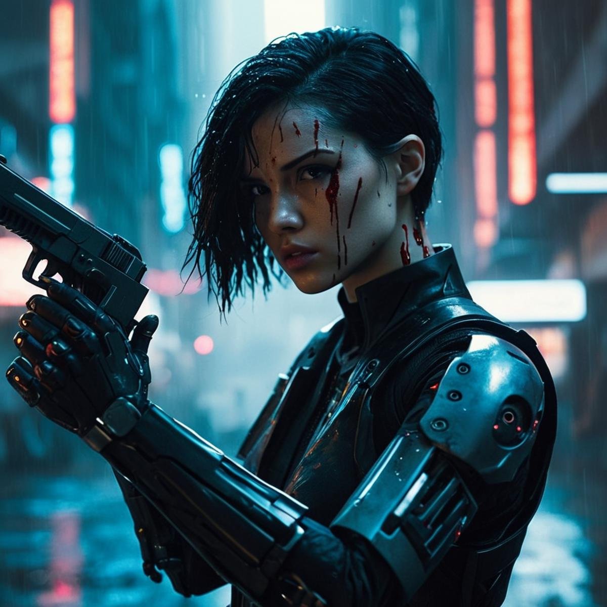 cinematic film still of <lora:cyberpunk style v3:1>In Cyberpunk city a woman with a bloody face holding a gun,bionic,transhuman,Dystopia,Dystopian,kakotopia,Science fiction,high tech,low life,societal collapse,Artificial,Posthuman,future,futuristic,Artificial intelligence,Cyborg,genetically-enhanced humans,sci-fi,Cyberpunk Style,solo,black hair,1boy,upper body,male focus,blurry,blood,clenched hand,lens flare,clenched hands,science fiction,rain,injury,blood on face,realistic,mechanical arms,cyborg,single mechanical arm,blood from mouth,Cyberpunk Style , science fiction, futuristic setting, detailed background, dramatic light, dramatic shadow light, contrast, cinematic color, cinematic look, filmic, realistic, realism, perfection, perfect, different, cinematic, film, cinematography, artstation, Cyberpunk city style, Cyberpunk style, shallow depth of field, vignette, highly detailed, high budget, bokeh, cinemascope, moody, epic, gorgeous, film grain, grainy