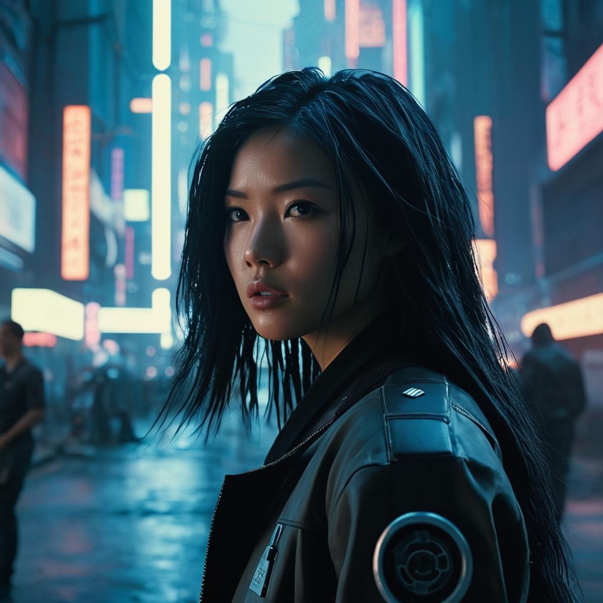 cinematic film still of <lora:cyberpunk style v3:1>In Cyberpunk city an asian woman with long hair blowing her hair,bionic,transhuman,Dystopia,Dystopian,kakotopia,Science fiction,high tech,low life,societal collapse,Artificial,Posthuman,future,futuristic,Artificial intelligence,Cyborg,genetically-enhanced humans,sci-fi,Cyberpunk Style,solo,looking at viewer,black hair,1boy,male focus,black eyes,facial hair,portrait,cigarette,realistic,Cyberpunk Style , science fiction, futuristic setting, detailed background, dramatic light, dramatic shadow light, contrast, cinematic color, cinematic look, filmic, realistic, realism, perfection, perfect, different, cinematic, film, cinematography, artstation, Cyberpunk city style, Cyberpunk style, shallow depth of field, vignette, highly detailed, high budget, bokeh, cinemascope, moody, epic, gorgeous, film grain, grainy