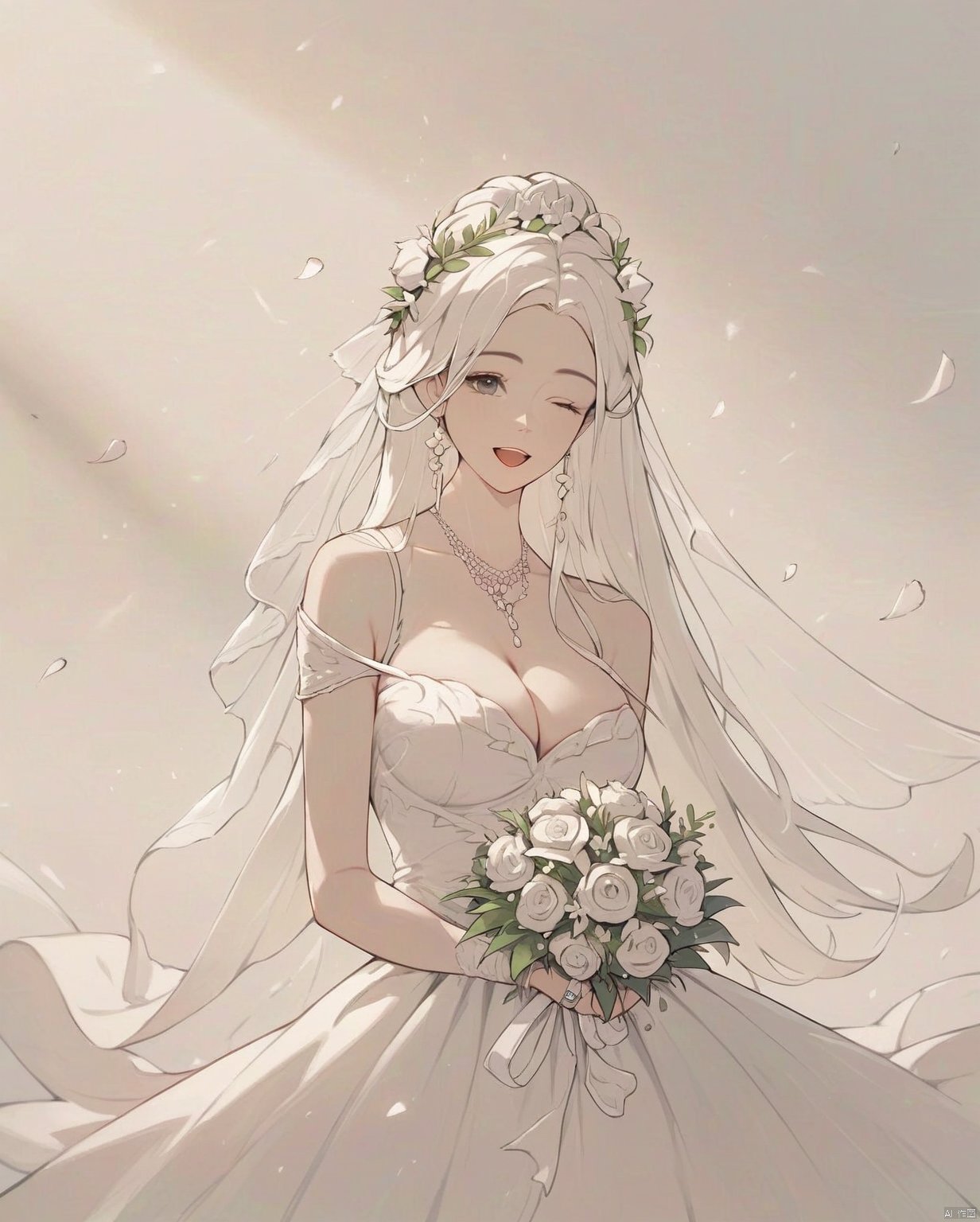 shouhui,(score_9,score_8_up,score_7_up),1girl, flower, breasts, dress, jewelry, one eye closed, large breasts, long hair, hair ornament, cleavage, hair flower, bouquet, white dress, smile, white hair, holding, necklace, open mouth, ring, wedding dress