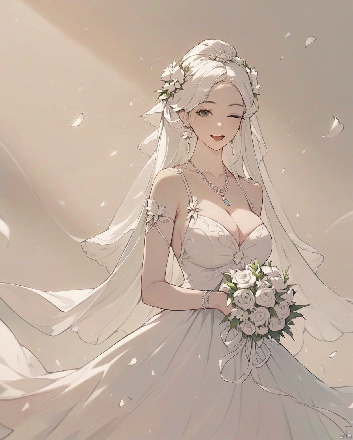 shouhui,(score_9,score_8_up,score_7_up),1girl, flower, breasts, dress, jewelry, one eye closed, large breasts, long hair, hair ornament, cleavage, hair flower, bouquet, white dress, smile, white hair, holding, necklace, open mouth, ring, wedding dress