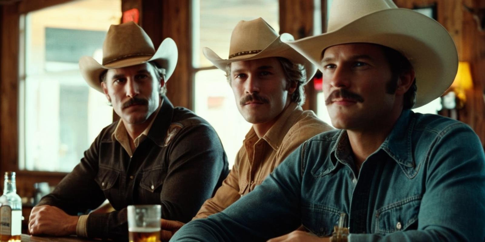 cinematic film still of  <lora:cinematic vintage film:1>two men from Texas in cowboy hats are sitting at a bar cinematic vintage film style, shallow depth of field, vignette, highly detailed, high budget, bokeh, cinemascope, moody, epic, gorgeous, film grain, grainy