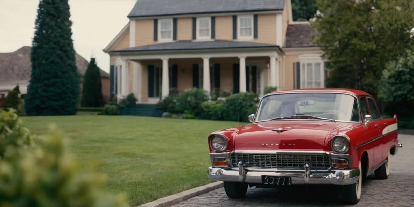 cinematic film still of  <lora:cinematic vintage film:1>a red car parked in front of a house cinematic vintage film style, shallow depth of field, vignette, highly detailed, high budget, bokeh, cinemascope, moody, epic, gorgeous, film grain, grainy