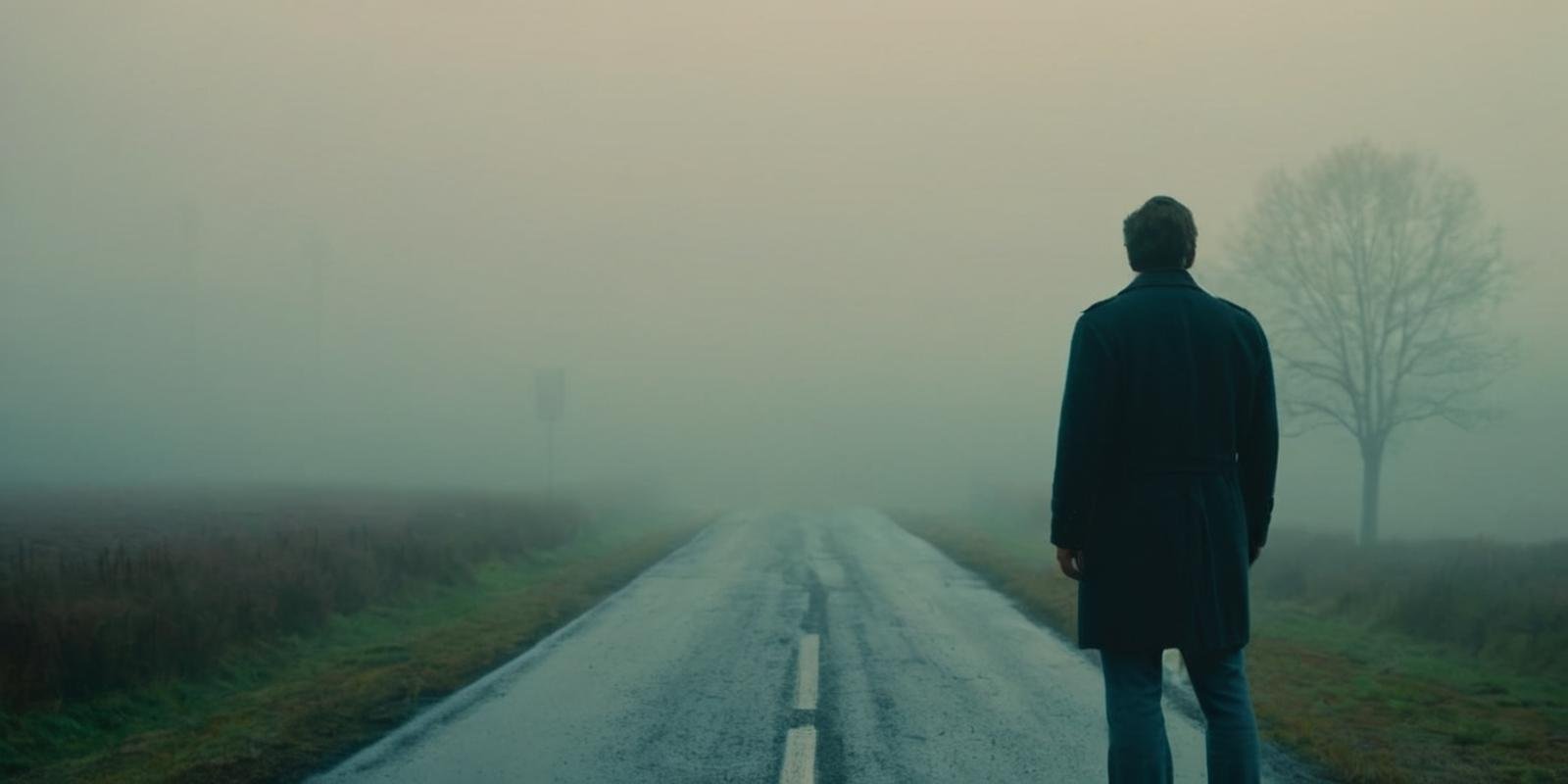 cinematic film still of  <lora:cinematic vintage film:1.2>Diffused Lighta man standing on a road in the fog cinematic vintage film style, shallow depth of field, vignette, highly detailed, high budget, bokeh, cinemascope, moody, epic, gorgeous, film grain, grainy