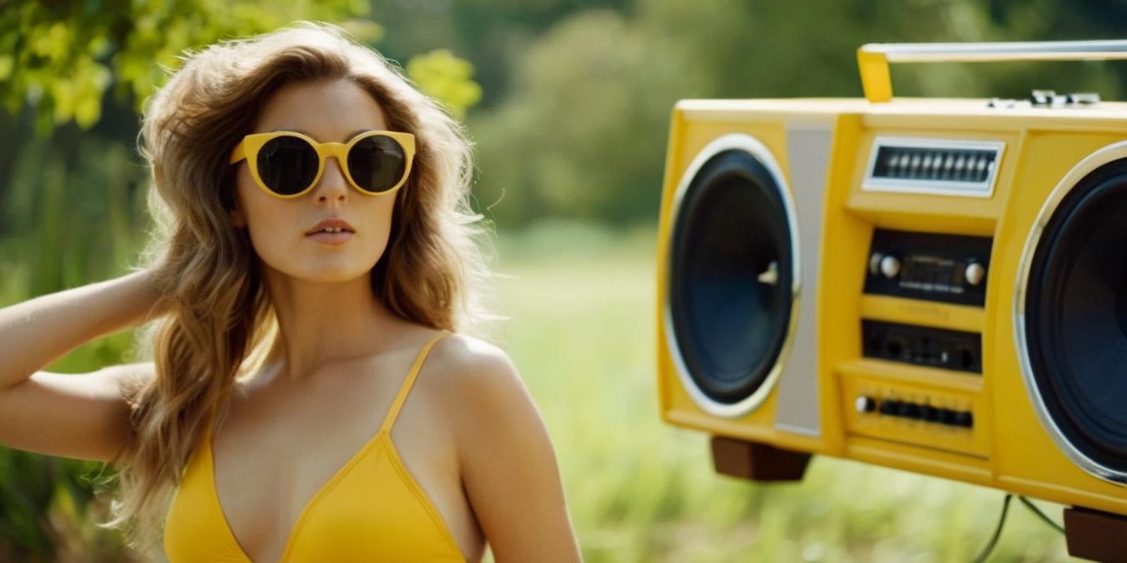 cinematic film still of  <lora:cinematic vintage film:1.2>Diffused Lighta woman in a yellow swimsuit with a boombox cinematic vintage film style, shallow depth of field, vignette, highly detailed, high budget, bokeh, cinemascope, moody, epic, gorgeous, film grain, grainy