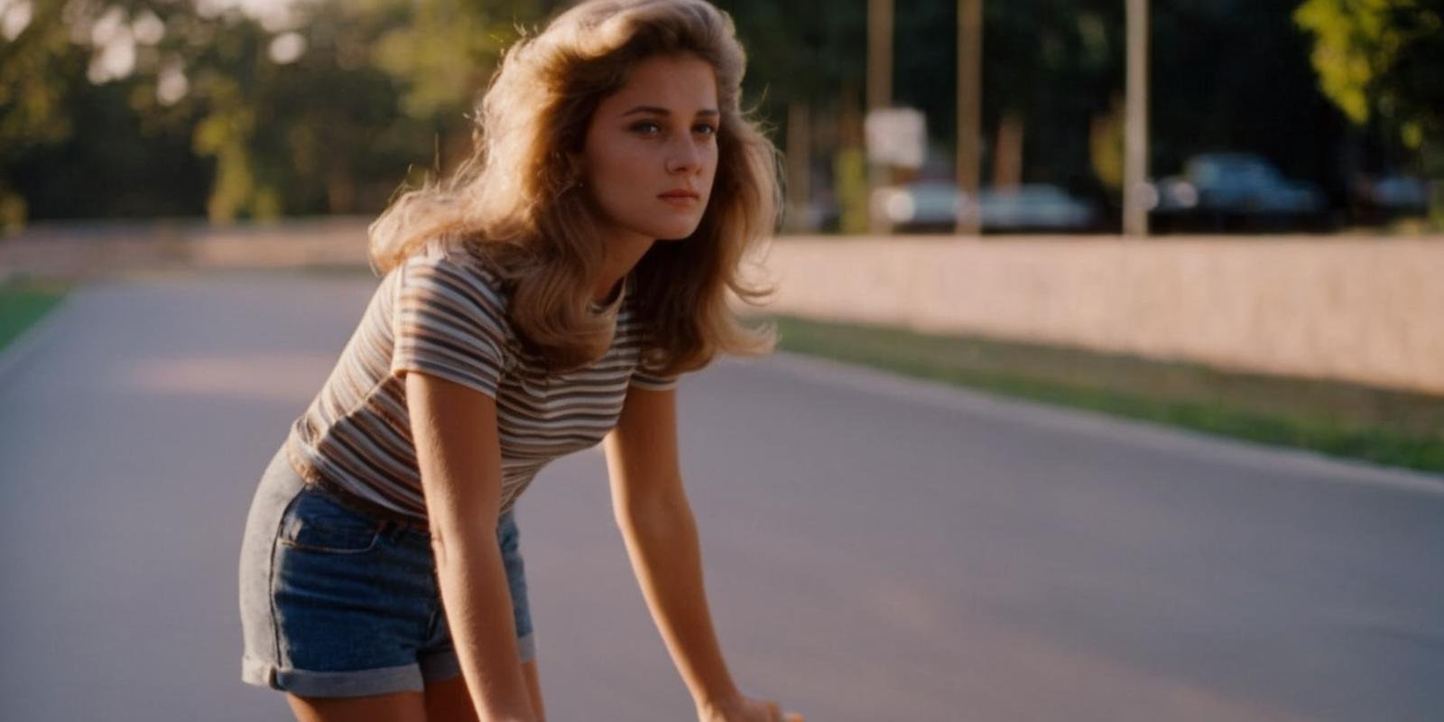 cinematic film still of  <lora:cinematic vintage film:1.2>Diffused Light1977a woman in a striped shirt is on a skateboard cinematic vintage film style, shallow depth of field, vignette, highly detailed, high budget, bokeh, cinemascope, moody, epic, gorgeous, film grain, grainy