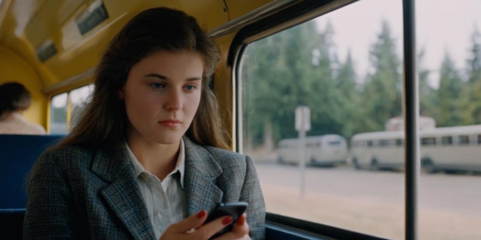 cinematic film still of  <lora:cinematic vintage film:1.2>Diffused Light fill light1987a young woman sitting in a bus looking at her cell phone cinematic vintage film style, shallow depth of field, vignette, highly detailed, high budget, bokeh, cinemascope, moody, epic, gorgeous, film grain, grainy