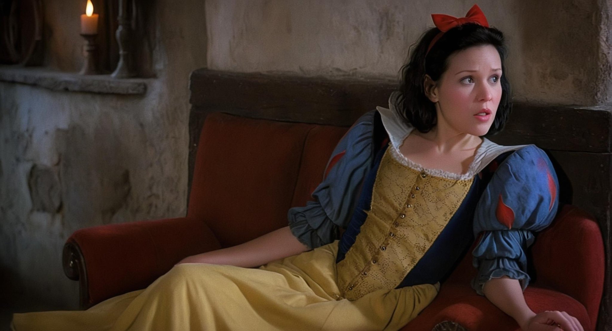 cinematic film still of  <lora:Cinematic Vintage Hollywood Film Style:0.5> sharp detailed, Cinematic Vintage Hollywood Film Style <lora:Snow White v3:1>Snow White a full shot of a woman in a dress is sitting on a couch in middle ages In 1500s 15th Century, shallow depth of field, vignette, highly detailed, high budget, bokeh, cinemascope, moody, epic, gorgeous, film grain, grainy