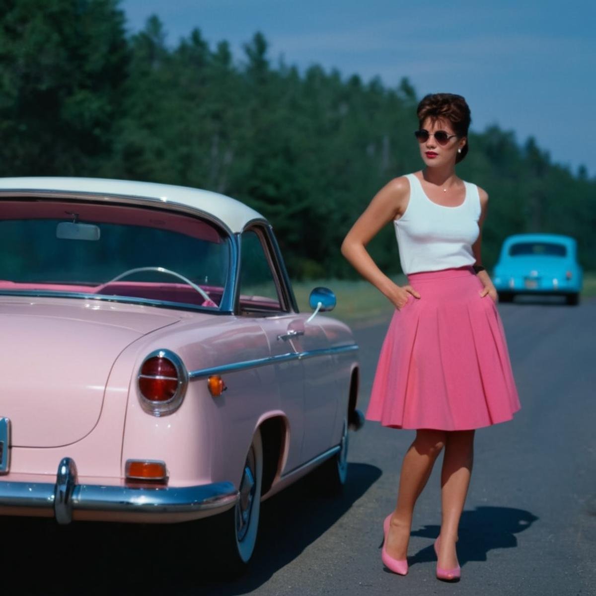 cinematic film still of  <lora:Cinematic Vintage Hollywood Film Style:0.5> sharp detailed, Cinematic Vintage Hollywood Film Style <lora:Retro:0.5>a woman in a white top and pink skirt standing next to a blue car retro style, shallow depth of field, vignette, highly detailed, high budget, bokeh, cinemascope, moody, epic, gorgeous, film grain, grainy