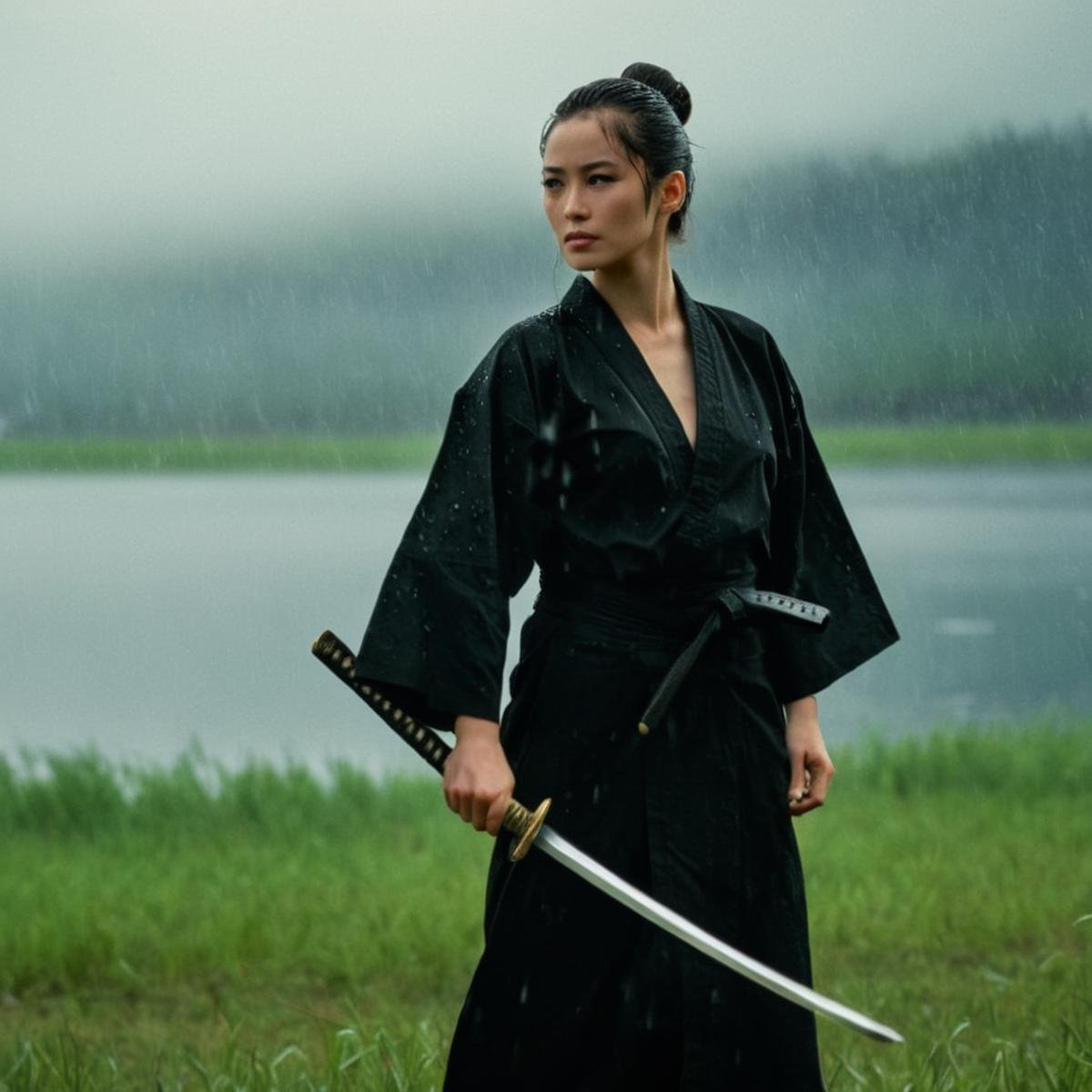 cinematic film still of  <lora:Cinematic Vintage Hollywood Film Style:0.5> sharp detailed, Cinematic Vintage Hollywood Film Style <lora:female samurai style v2:1>full shot, an epic cinematic photo of a woman in a black kimono outfit holding a Katana sword with perfect hand, in field with lake in background, on a rainy day, with a profile face view, in morning sunny day light, female samurai style, shallow depth of field, vignette, highly detailed, high budget, bokeh, cinemascope, moody, epic, gorgeous, film grain, grainy